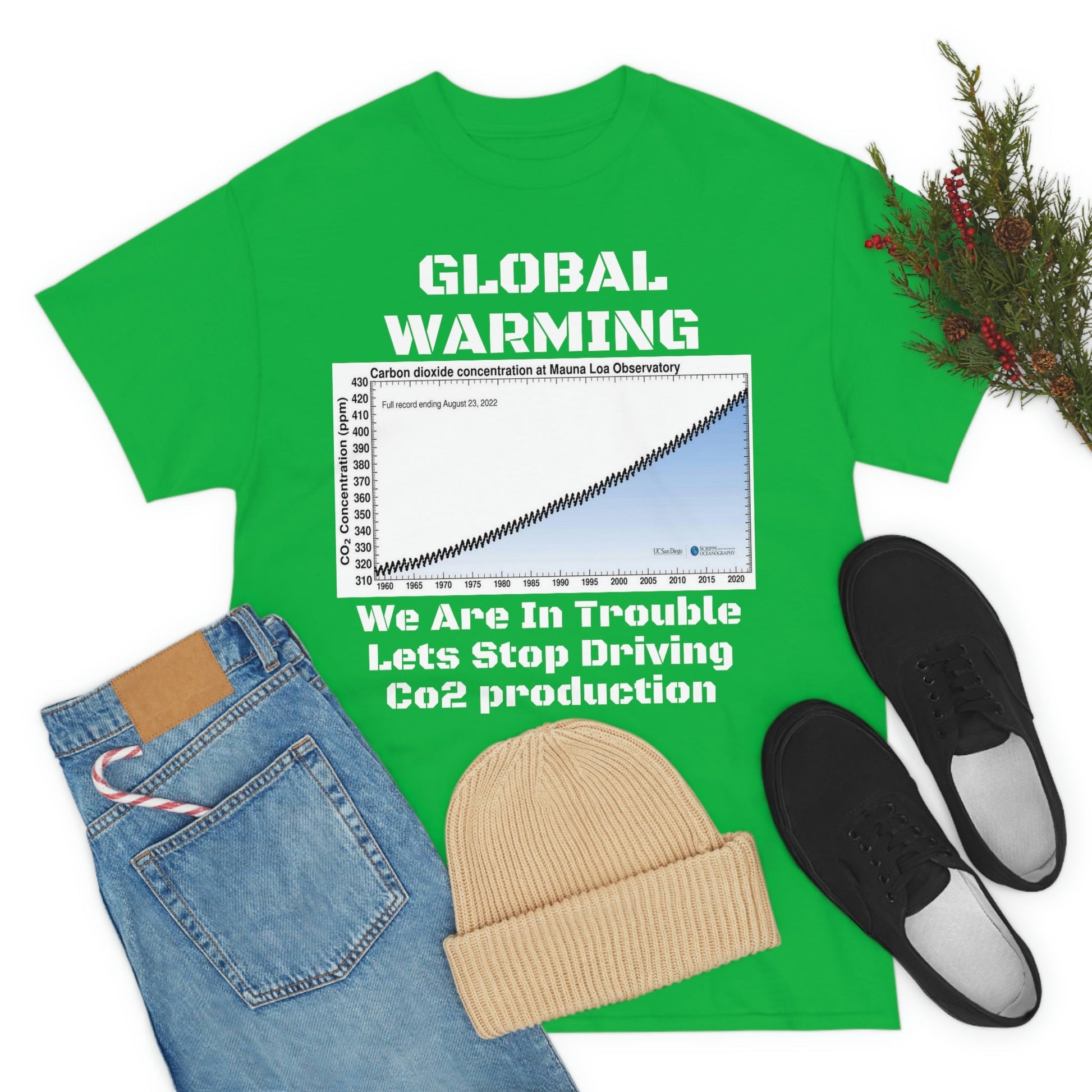 Copy of Global Warming - Unisex Heavy Cotton Tee - Quality Gildan 5000 - With Keeling CO2 Chart and Images of Weather Extremes - Lets Stop Driving - Green Forest Home