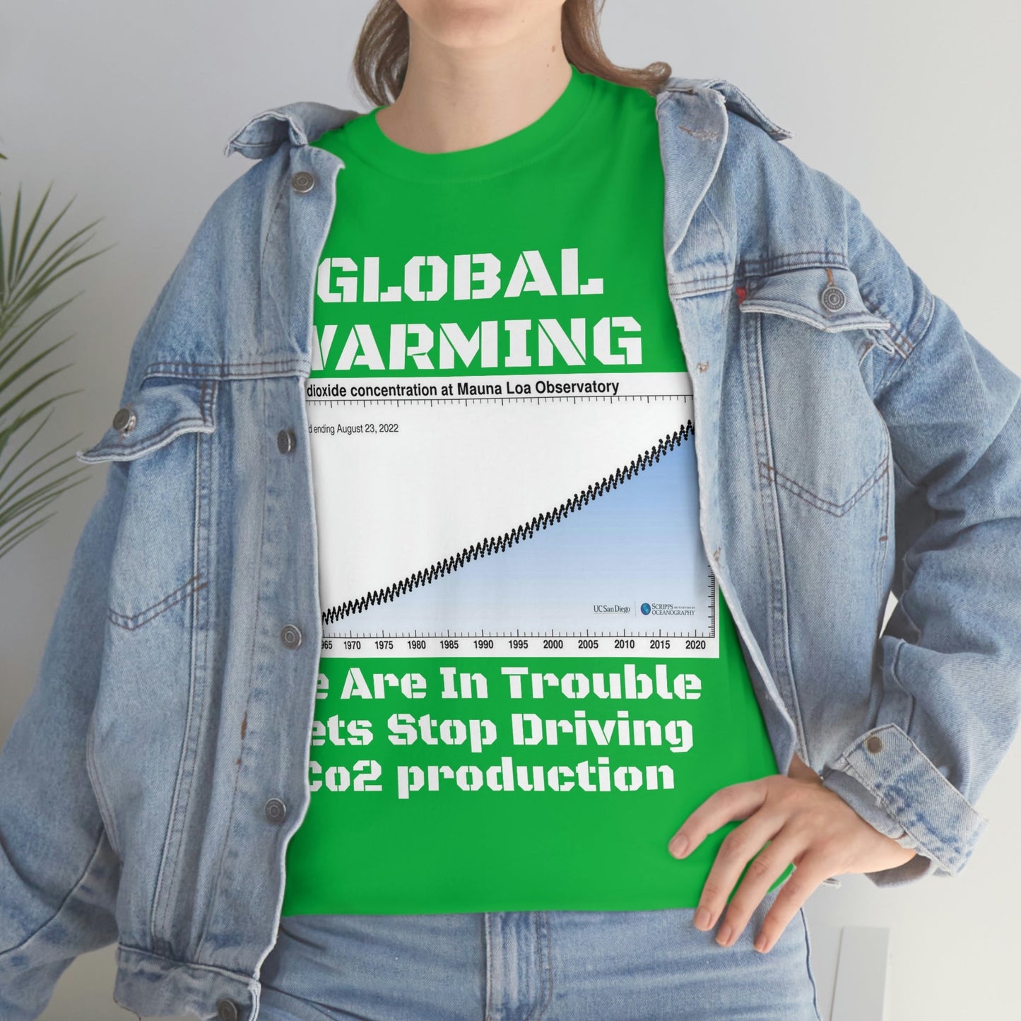 Copy of Global Warming - Unisex Heavy Cotton Tee - Quality Gildan 5000 - With Keeling CO2 Chart and Images of Weather Extremes - Lets Stop Driving - Green Forest Home