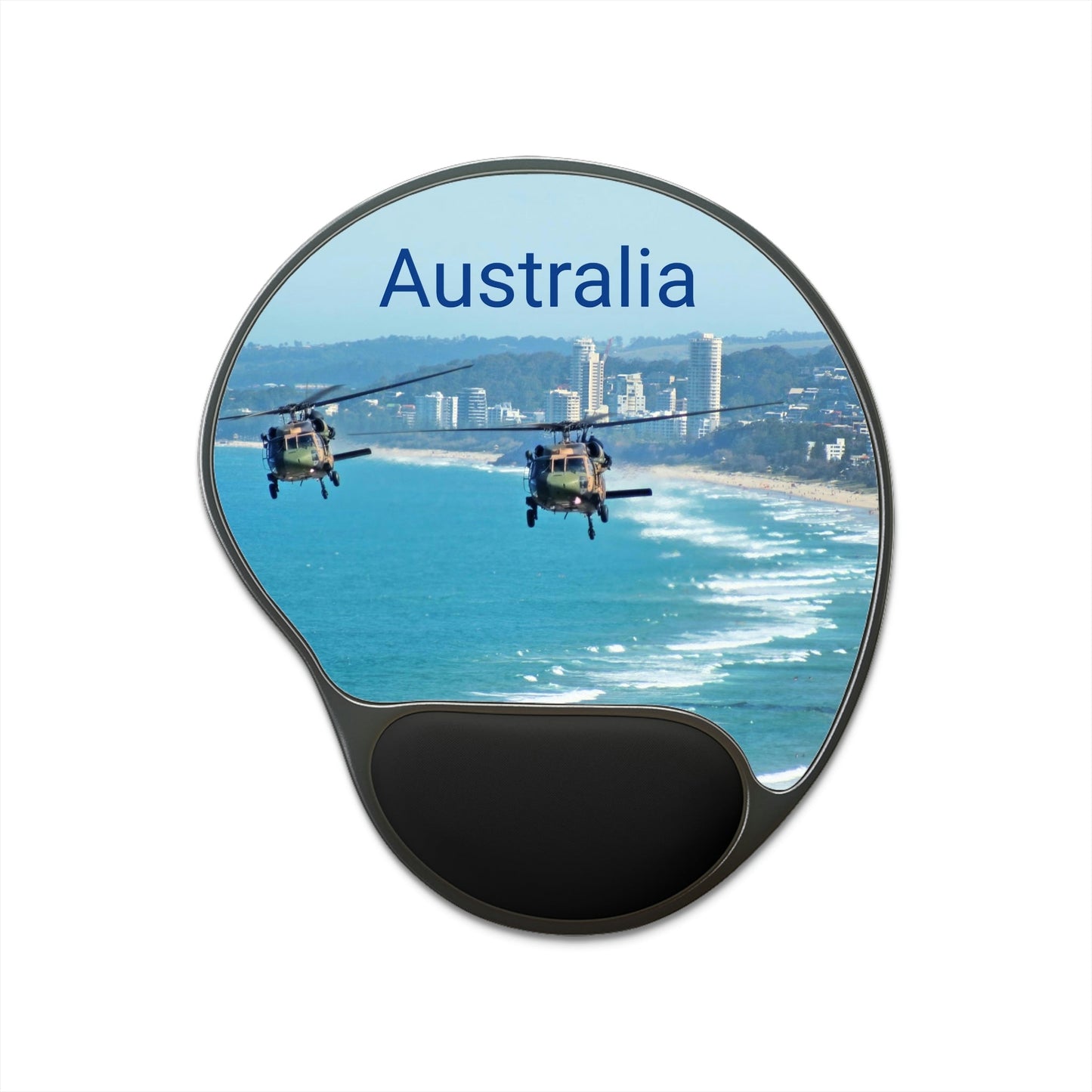 Ergonomic Mouse Pad With Wrist Rest - US Print - Australian Army - Black Hawk choppers fly across Surfers Paradise and Gold Coast beaches Australia. - Green Forest Home