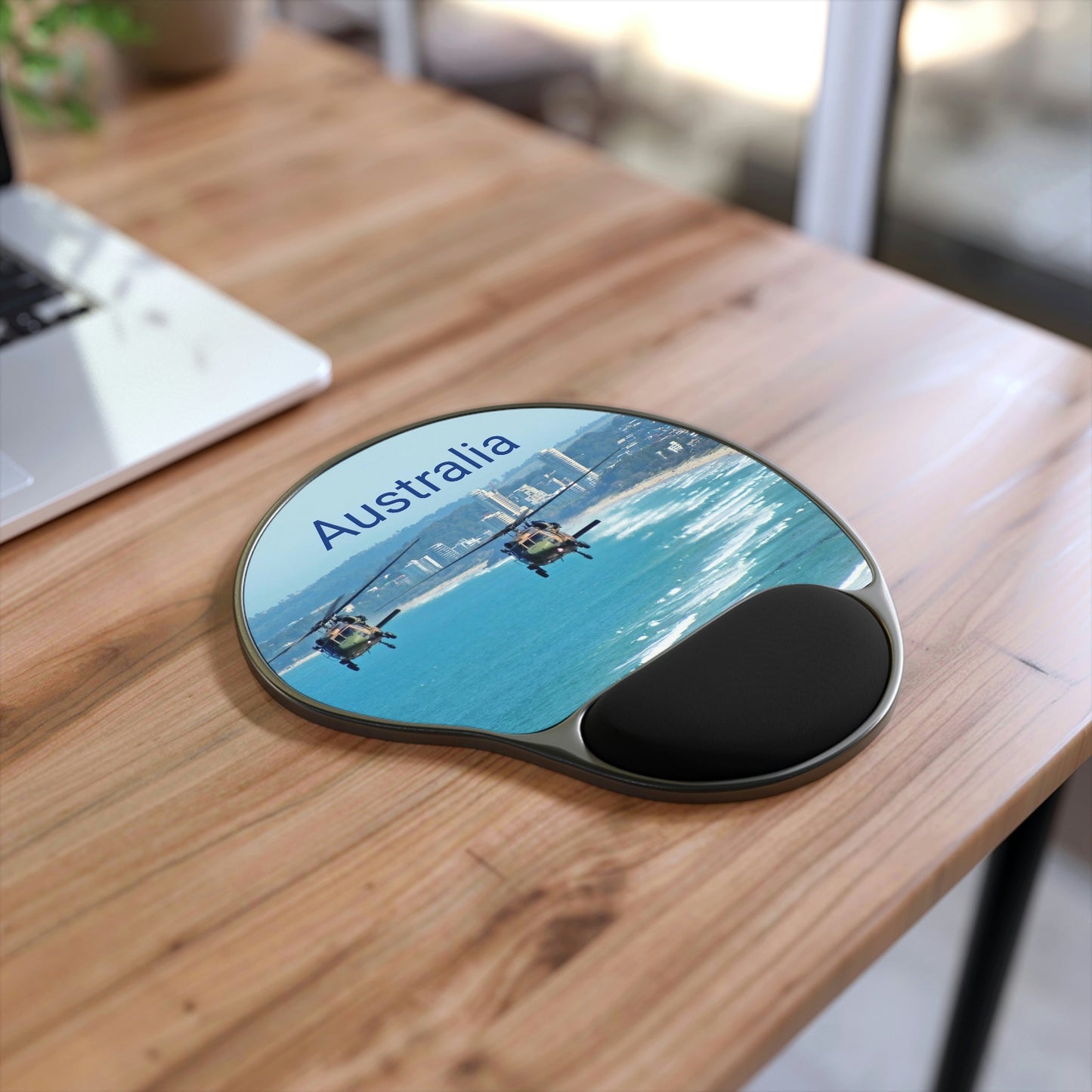 Ergonomic Mouse Pad With Wrist Rest - US Print - Australian Army - Black Hawk choppers fly across Surfers Paradise and Gold Coast beaches Australia. - Green Forest Home