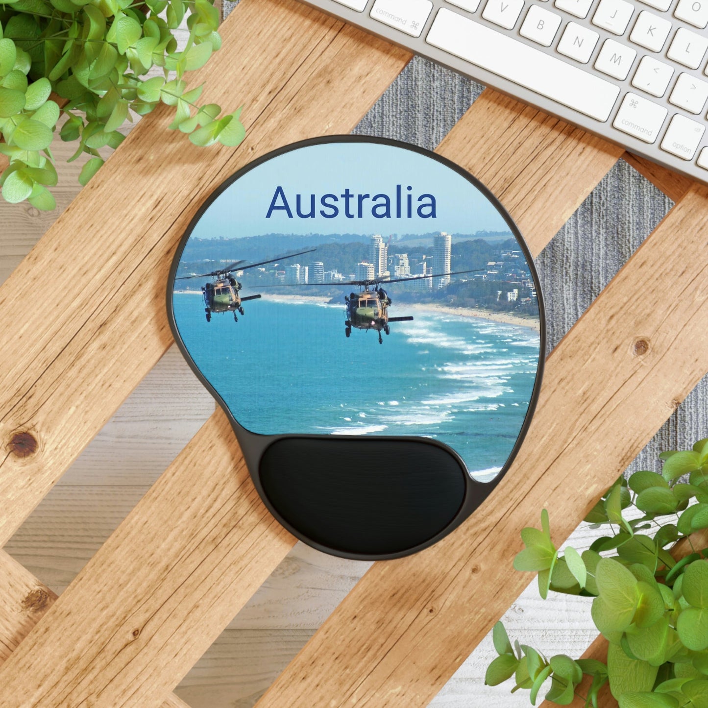 Ergonomic Mouse Pad With Wrist Rest - US Print - Australian Army - Black Hawk choppers fly across Surfers Paradise and Gold Coast beaches Australia. - Green Forest Home