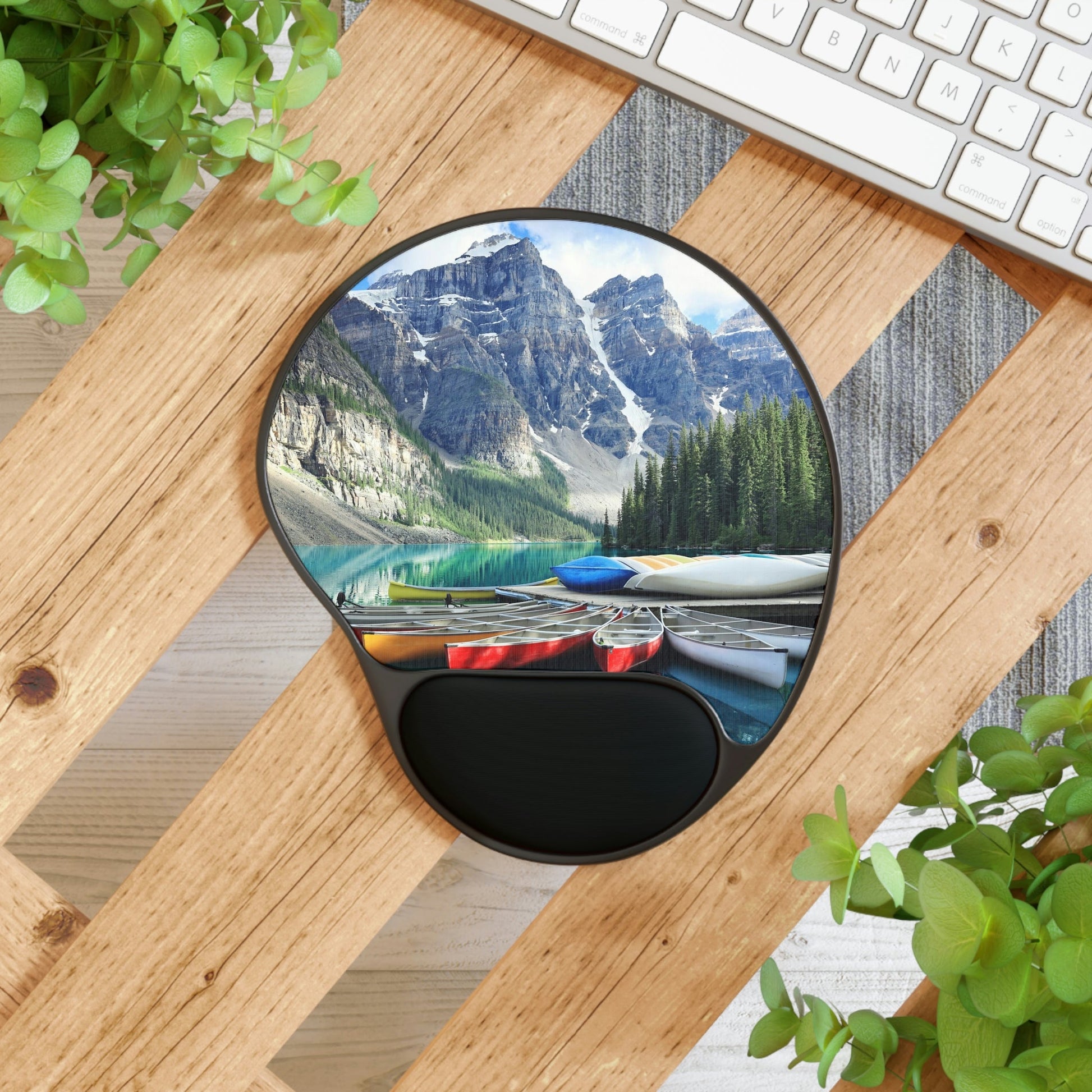 Ergonomic Mouse Pad With Wrist Rest - US PRINT - Canoes on a jetty at Moraine lake, Banff national park in the Rocky Mountains - CANADA - Green Forest Home