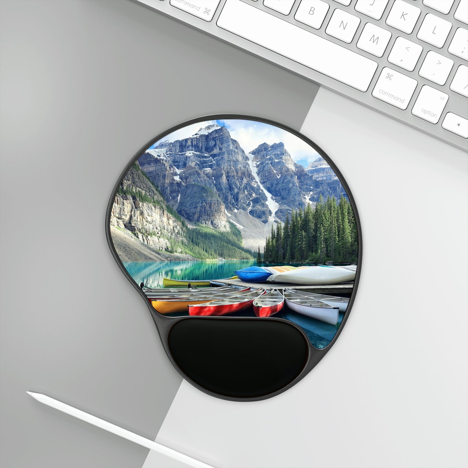 Ergonomic Mouse Pad With Wrist Rest - US PRINT - Canoes on a jetty at Moraine lake, Banff national park in the Rocky Mountains - CANADA - Green Forest Home