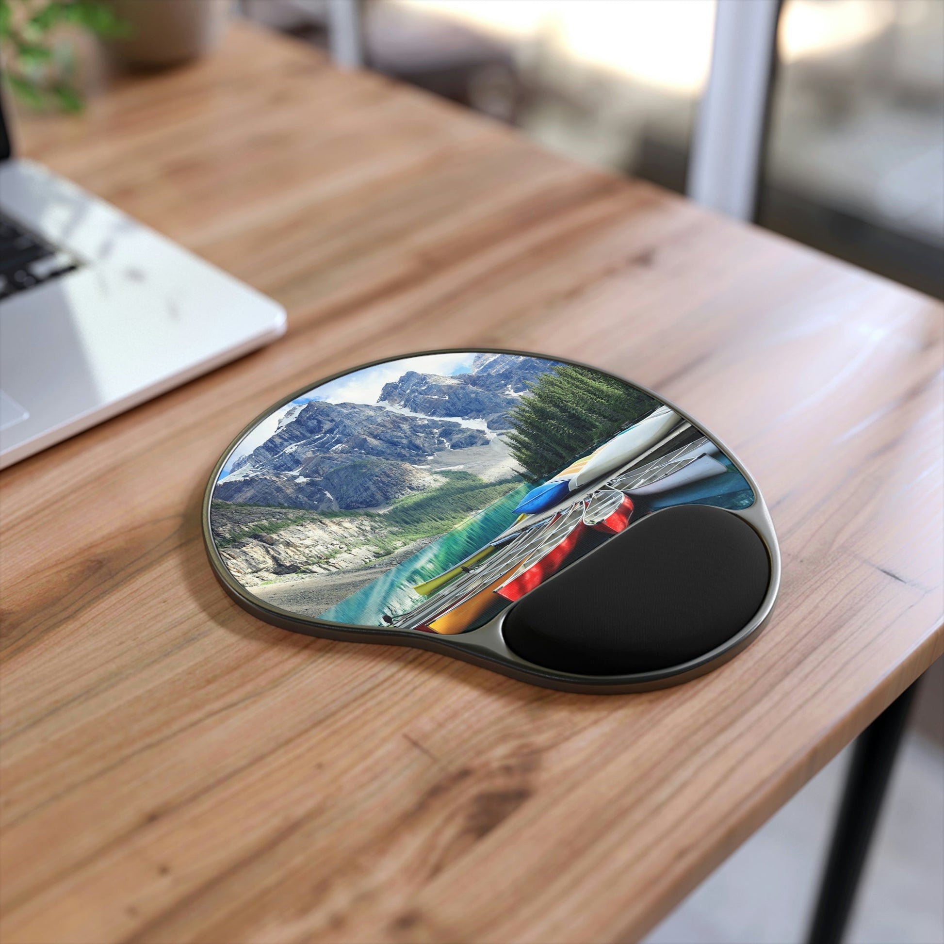 Ergonomic Mouse Pad With Wrist Rest - US PRINT - Canoes on a jetty at Moraine lake, Banff national park in the Rocky Mountains - CANADA - Green Forest Home