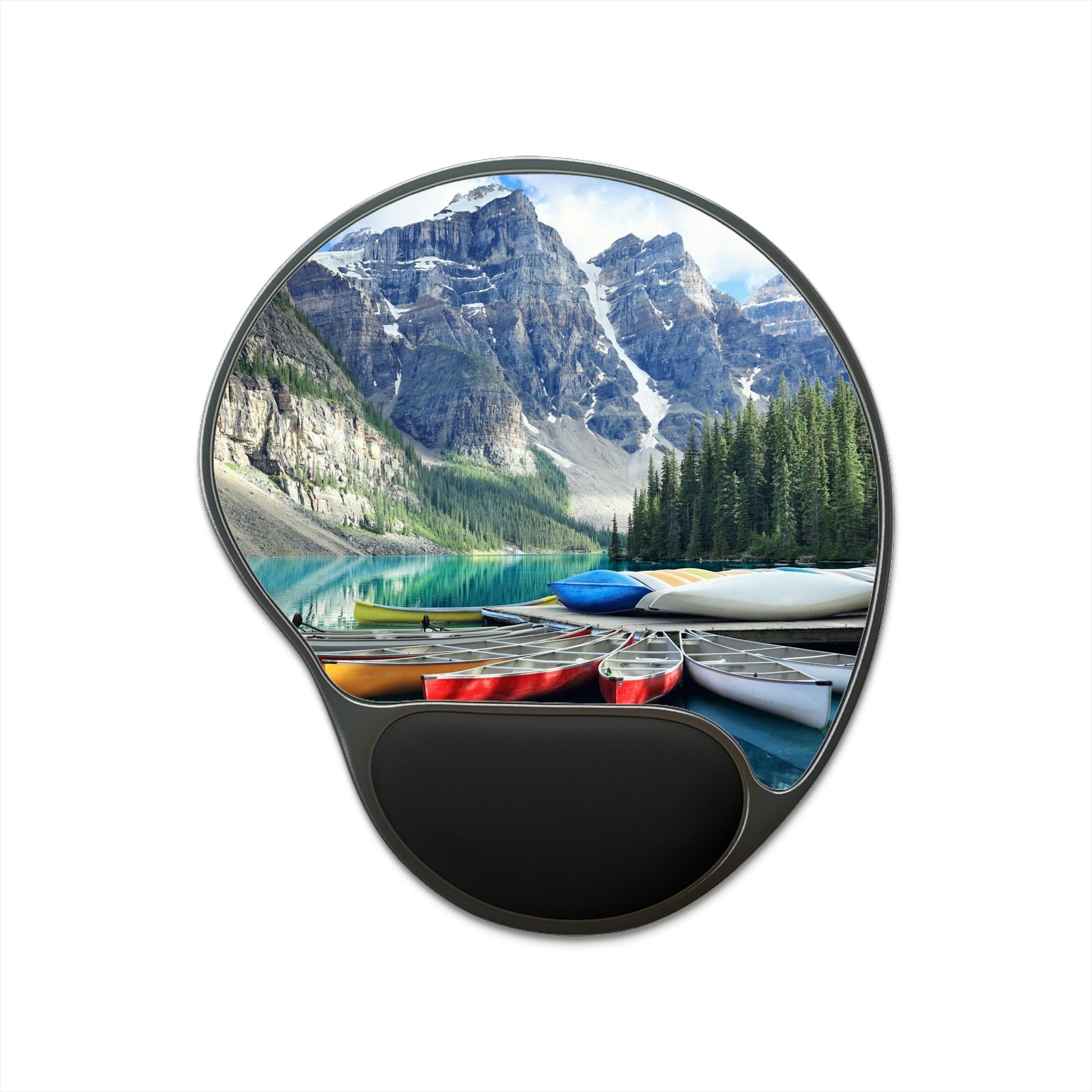 Ergonomic Mouse Pad With Wrist Rest - US PRINT - Canoes on a jetty at Moraine lake, Banff national park in the Rocky Mountains - CANADA - Green Forest Home