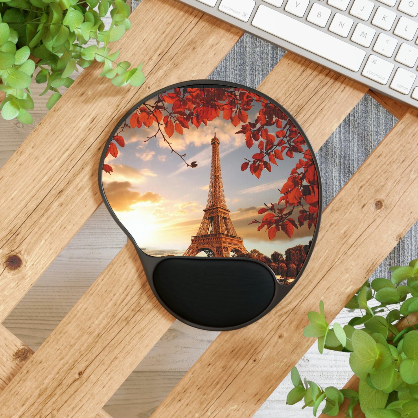 Ergonomic Mouse Pad With Wrist Rest - US PRINT - Eiffel Tower with autumn leaves in Paris, France - EUROPE - Green Forest Home