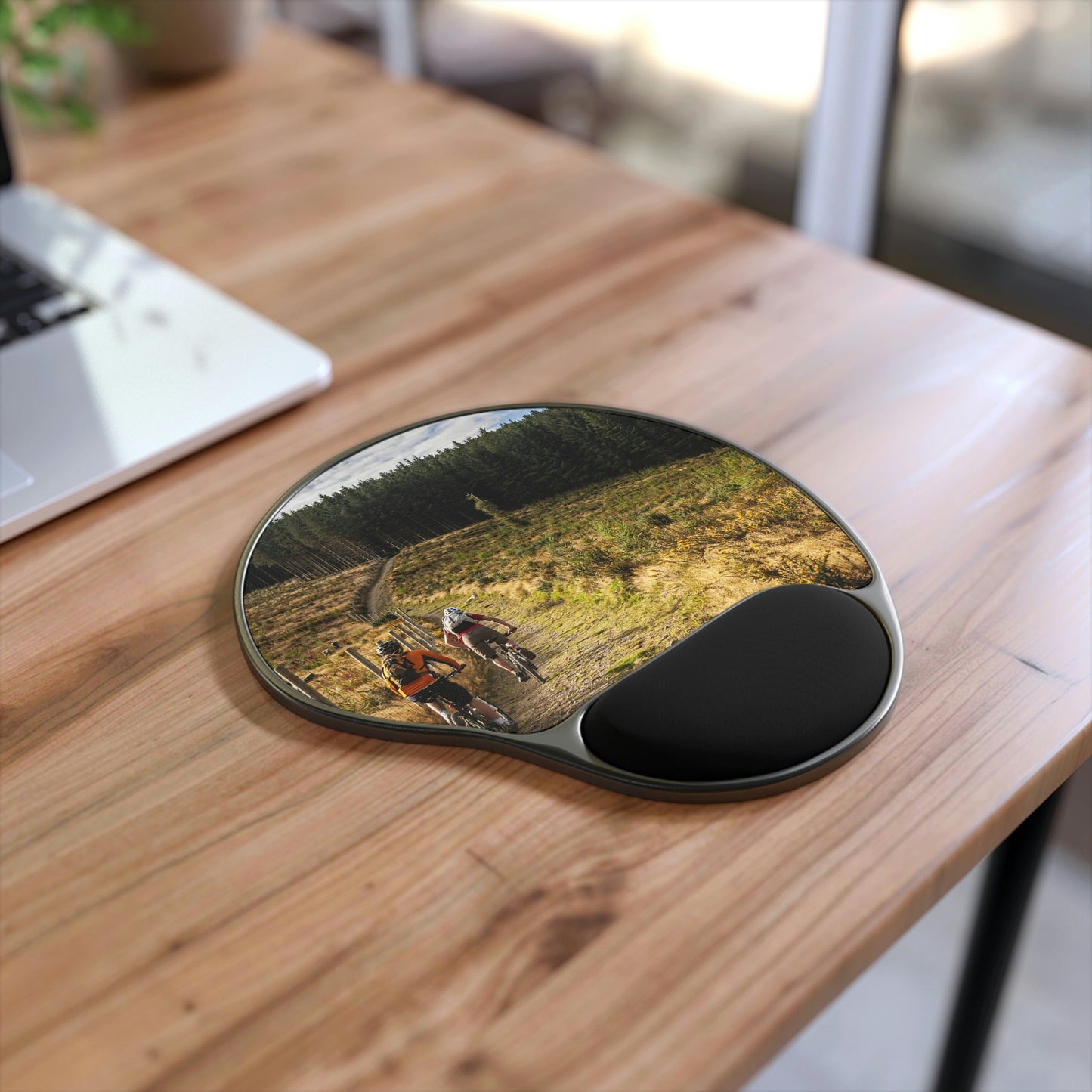 Ergonomic Mouse Pad With Wrist Rest - US Print - Mountain Bikers riding towards a forest in Ireland - CYCLING - SPORTS - EUROPE - Green Forest Home