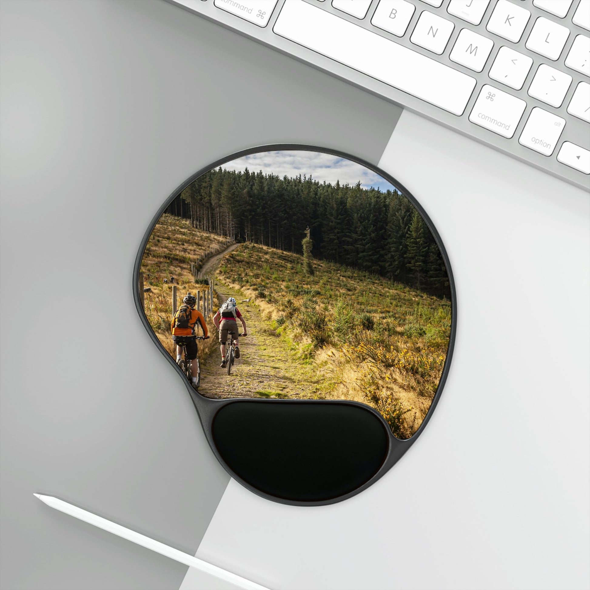 Ergonomic Mouse Pad With Wrist Rest - US Print - Mountain Bikers riding towards a forest in Ireland - CYCLING - SPORTS - EUROPE - Green Forest Home