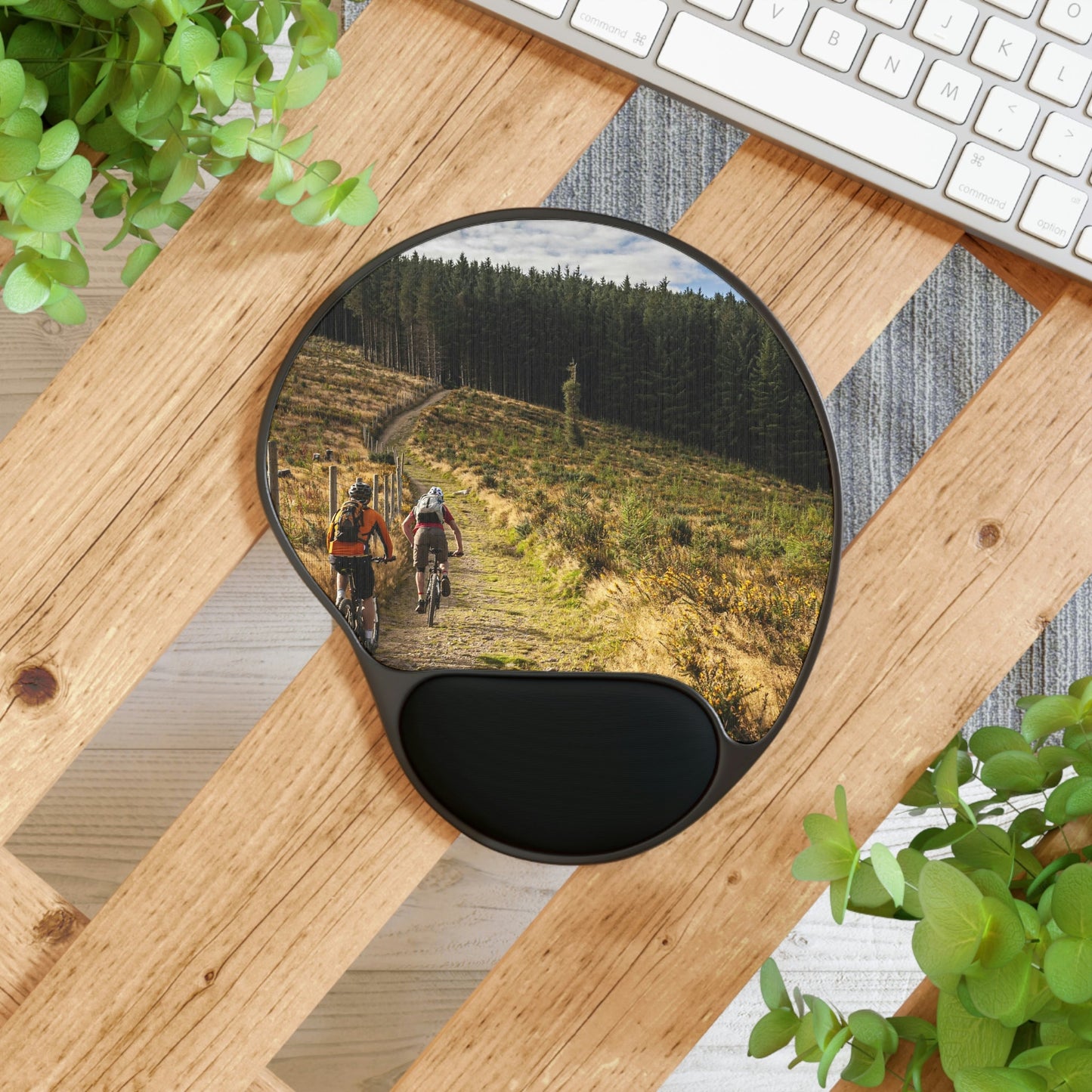 Ergonomic Mouse Pad With Wrist Rest - US Print - Mountain Bikers riding towards a forest in Ireland - CYCLING - SPORTS - EUROPE - Green Forest Home