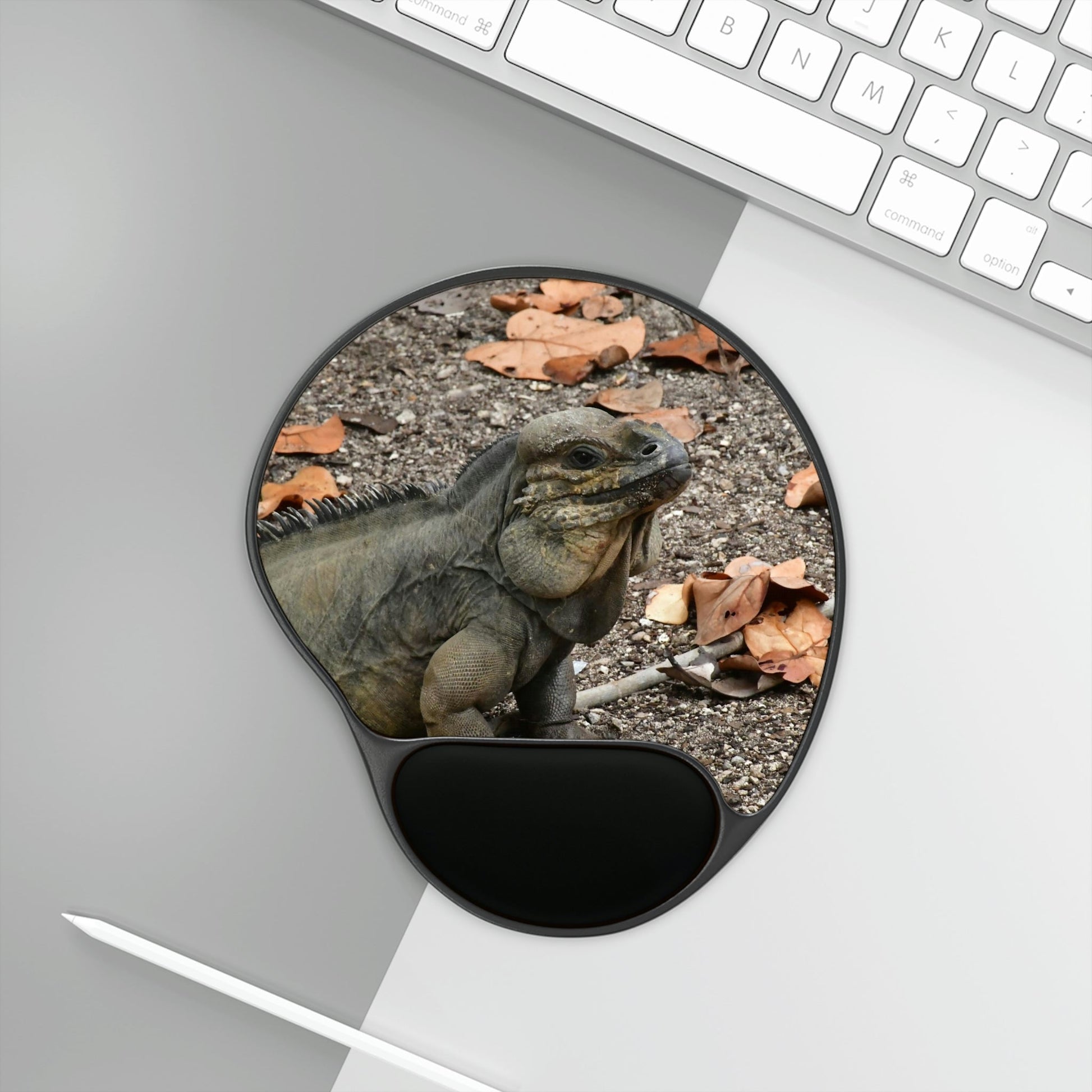 Ergonomic Mouse Pad With Wrist Rest - US Print - Native Iguana in Playa Pajaros in MONA Island - Puerto Rico - BEACH - ISLANDS - Green Forest Home