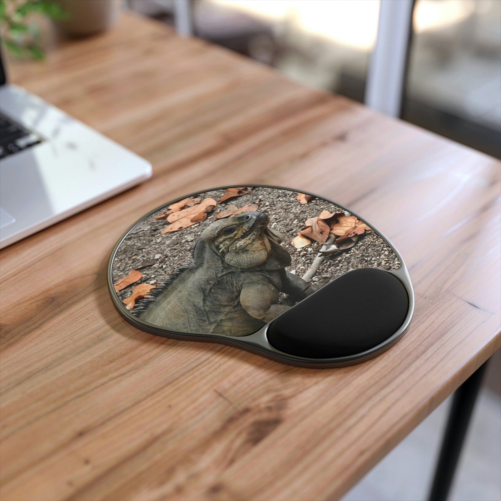 Ergonomic Mouse Pad With Wrist Rest - US Print - Native Iguana in Playa Pajaros in MONA Island - Puerto Rico - BEACH - ISLANDS - Green Forest Home