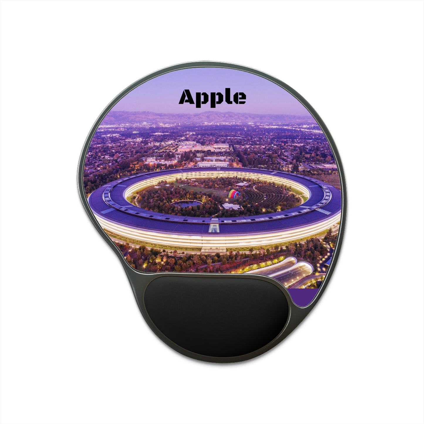 Ergonomic Mouse Pad With Wrist Rest - US PRINT - Silicon Valley Apple Park brightly illuminated during blue hour with San Jose CA in the background - USA NATURE - Green Forest Home