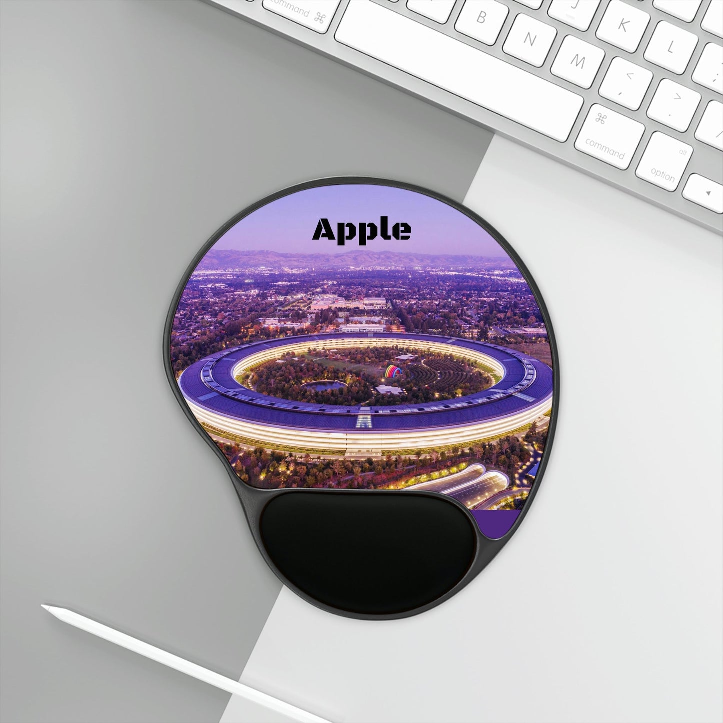 Ergonomic Mouse Pad With Wrist Rest - US PRINT - Silicon Valley Apple Park brightly illuminated during blue hour with San Jose CA in the background - USA NATURE - Green Forest Home