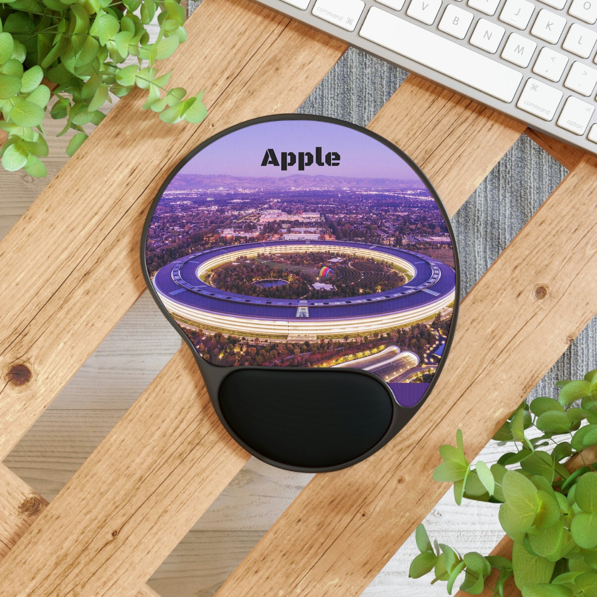 Ergonomic Mouse Pad With Wrist Rest - US PRINT - Silicon Valley Apple Park brightly illuminated during blue hour with San Jose CA in the background - USA NATURE - Green Forest Home