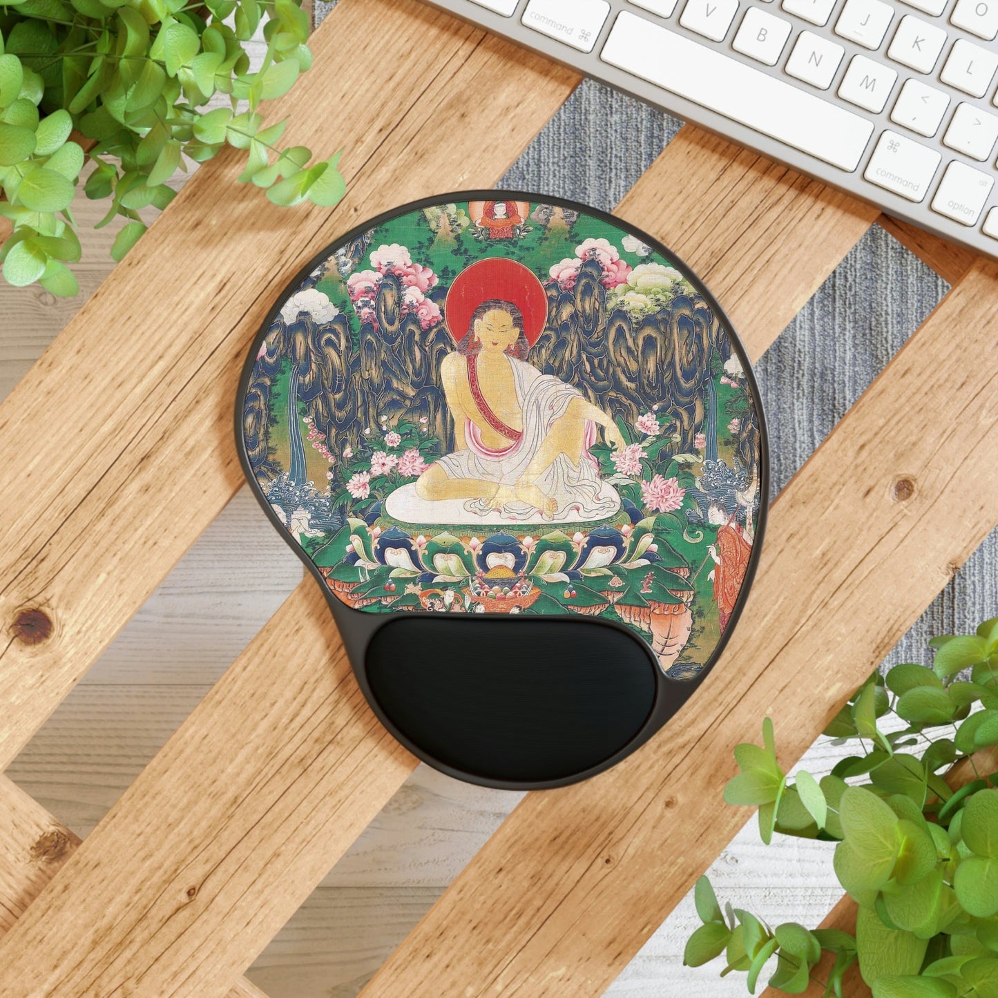 Ergonomic Mouse Pad With Wrist Rest - US Print - The Indian Yogi MIlarepa Radiating LOVE in Himalayan Caves - Tibet - SPIRITUAL MASTERS - Green Forest Home