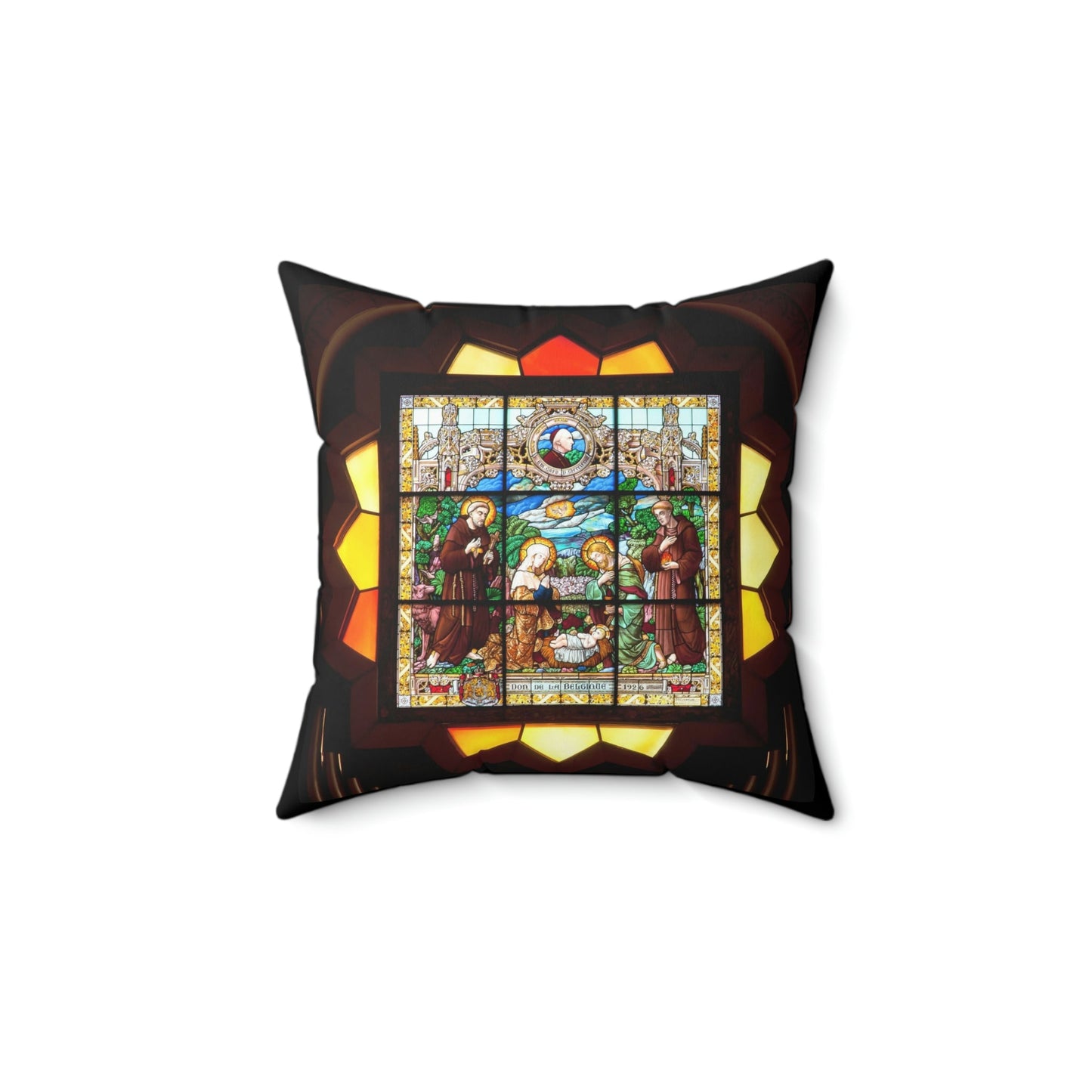 Faux Suede Square Pillow - Palestine, stained glass in Church of the Nativity in Bethlehem - Green Forest Home