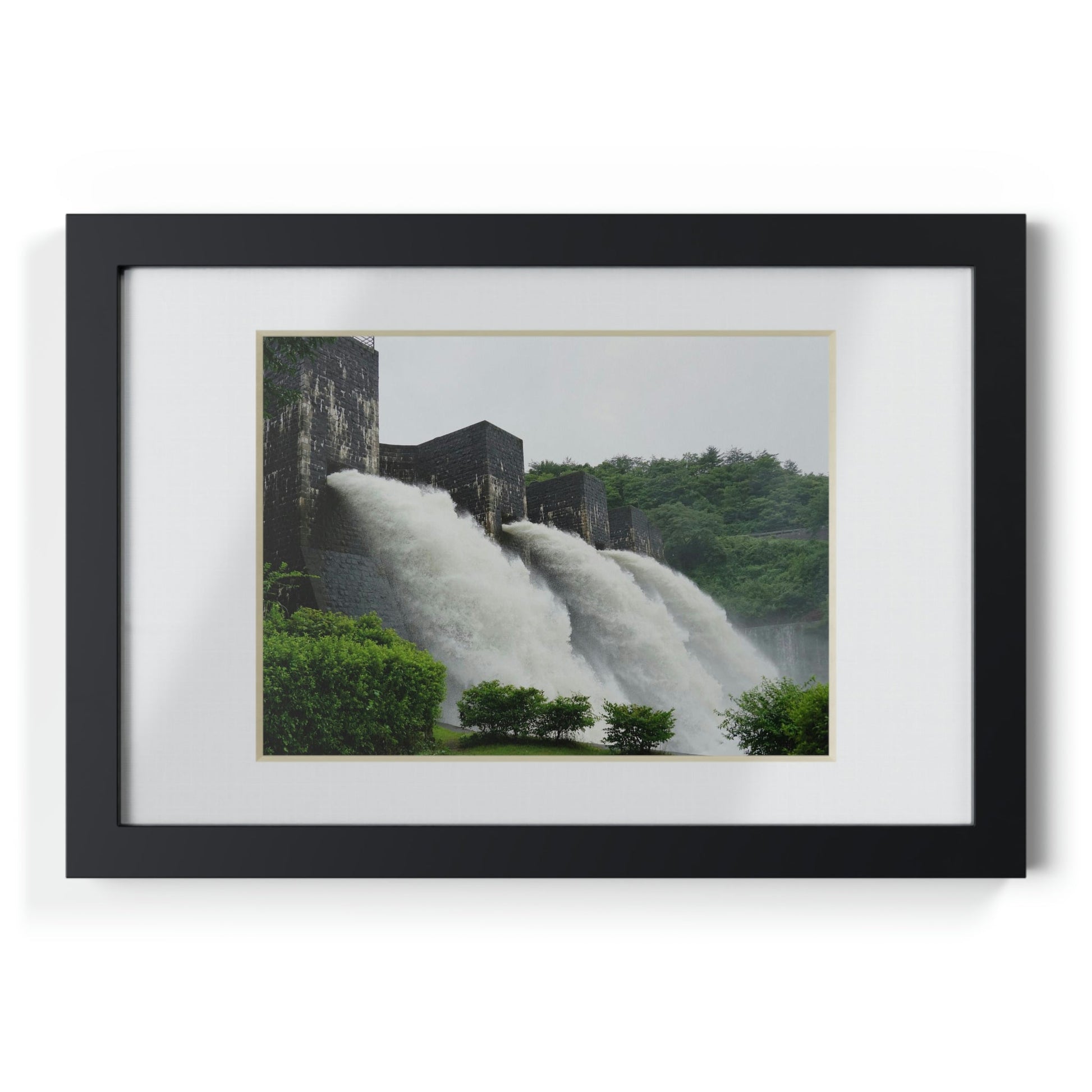 Framed Posters, Black - Falling river water in old bricked dam at Honendam, Kagawa, Japan - Made in Australia by Prima Printing - Green Forest Home