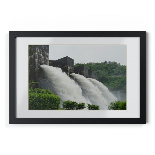 Framed Posters, Black - Falling river water in old bricked dam at Honendam, Kagawa, Japan - Made in Australia by Prima Printing - Green Forest Home