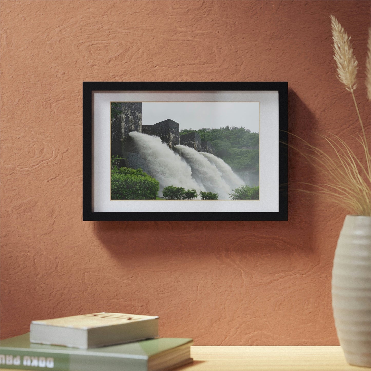 Framed Posters, Black - Falling river water in old bricked dam at Honendam, Kagawa, Japan - Made in Australia by Prima Printing - Green Forest Home