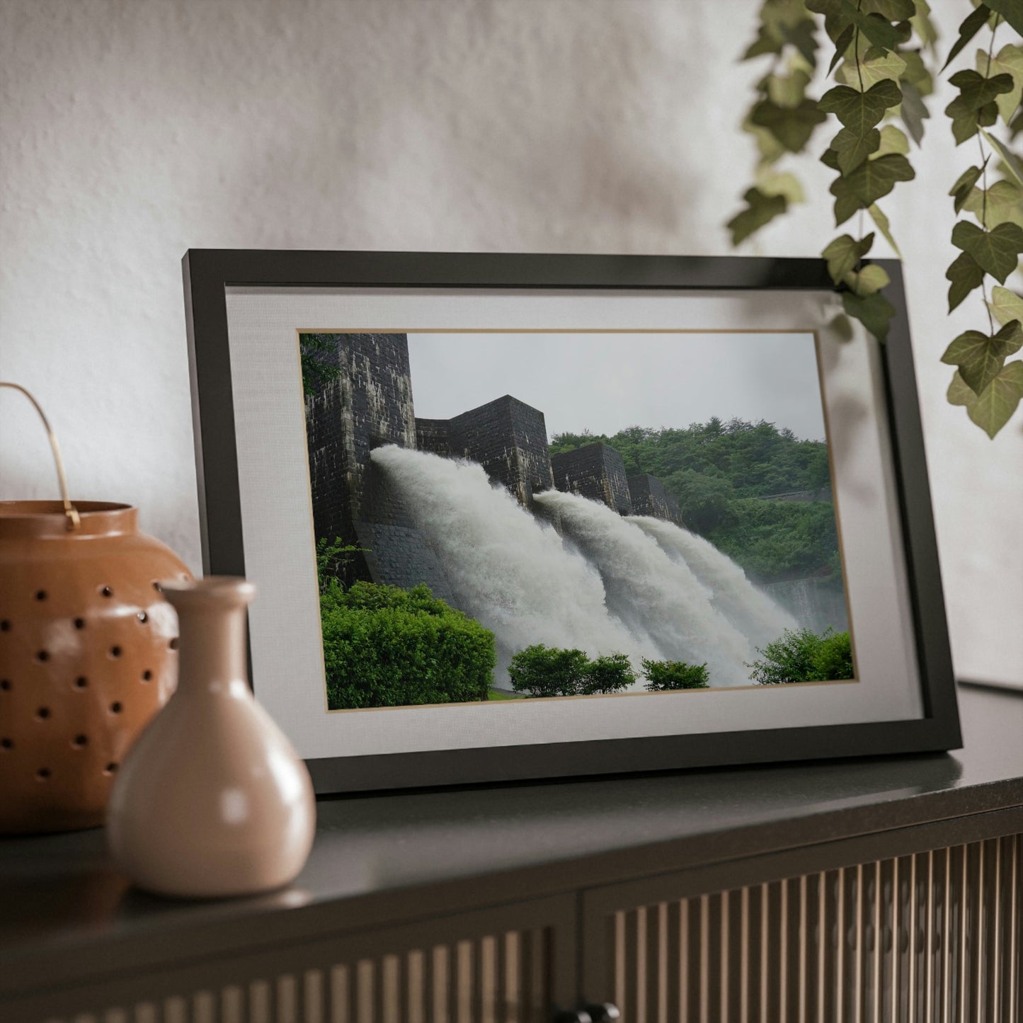 Framed Posters, Black - Falling river water in old bricked dam at Honendam, Kagawa, Japan - Made in Australia by Prima Printing - Green Forest Home