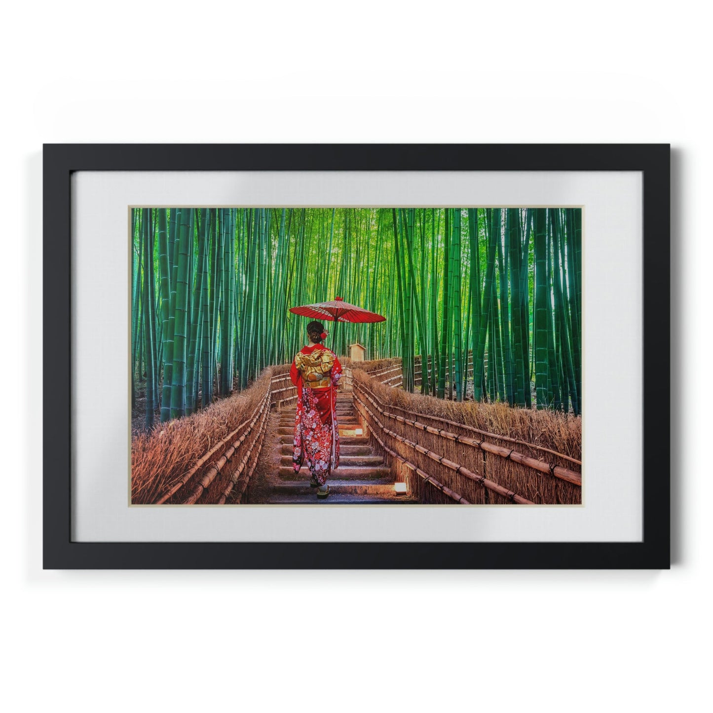 Framed Posters, Black - Woman wearing Japanese traditional kimono at Bamboo Forest in Kyoto, Japan. - Made in Australia by Prima Printing - Green Forest Home