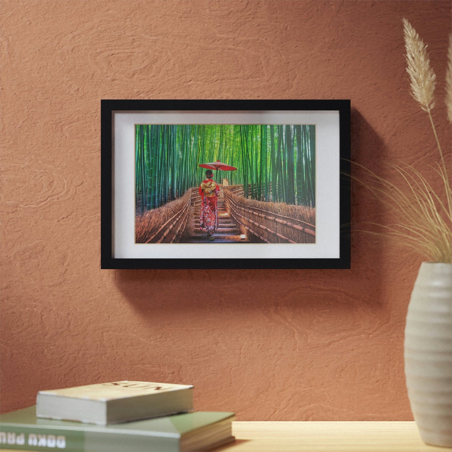 Framed Posters, Black - Woman wearing Japanese traditional kimono at Bamboo Forest in Kyoto, Japan. - Made in Australia by Prima Printing - Green Forest Home