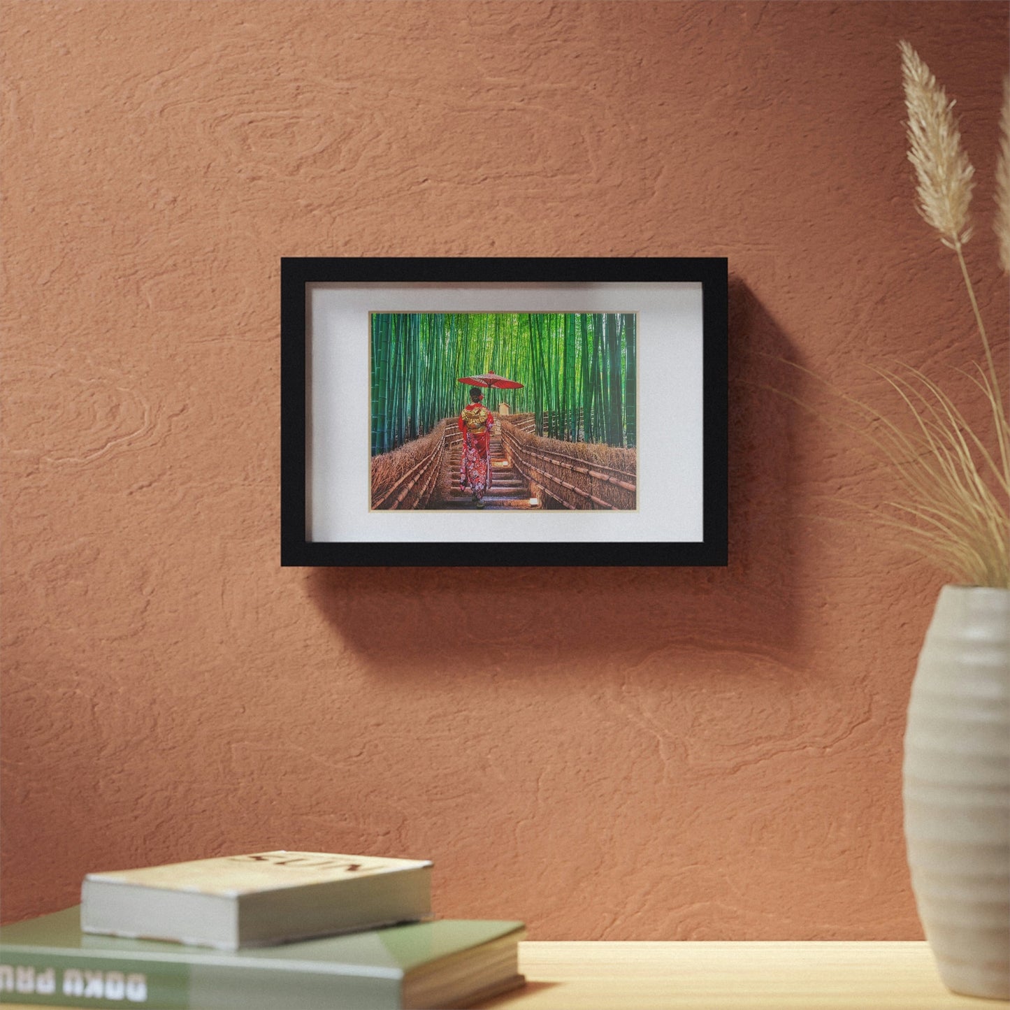 Framed Posters, Black - Woman wearing Japanese traditional kimono at Bamboo Forest in Kyoto, Japan. - Made in Australia by Prima Printing - Green Forest Home