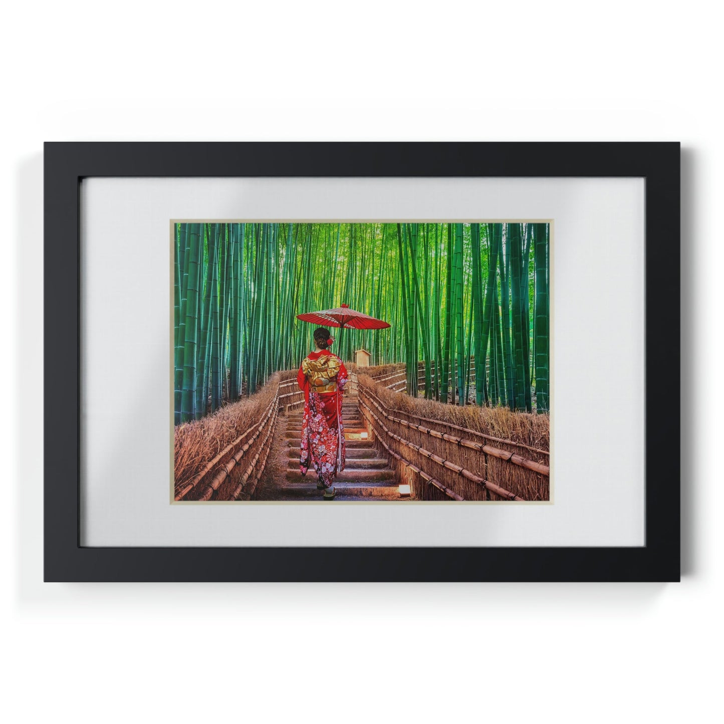 Framed Posters, Black - Woman wearing Japanese traditional kimono at Bamboo Forest in Kyoto, Japan. - Made in Australia by Prima Printing - Green Forest Home