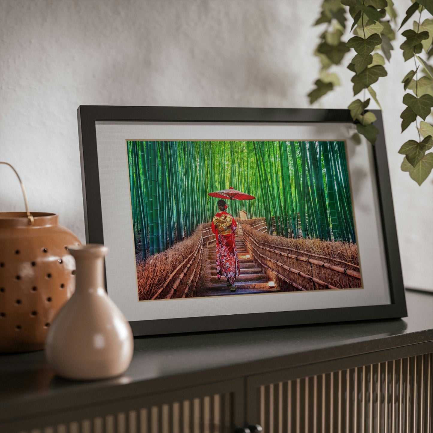 Framed Posters, Black - Woman wearing Japanese traditional kimono at Bamboo Forest in Kyoto, Japan. - Made in Australia by Prima Printing - Green Forest Home