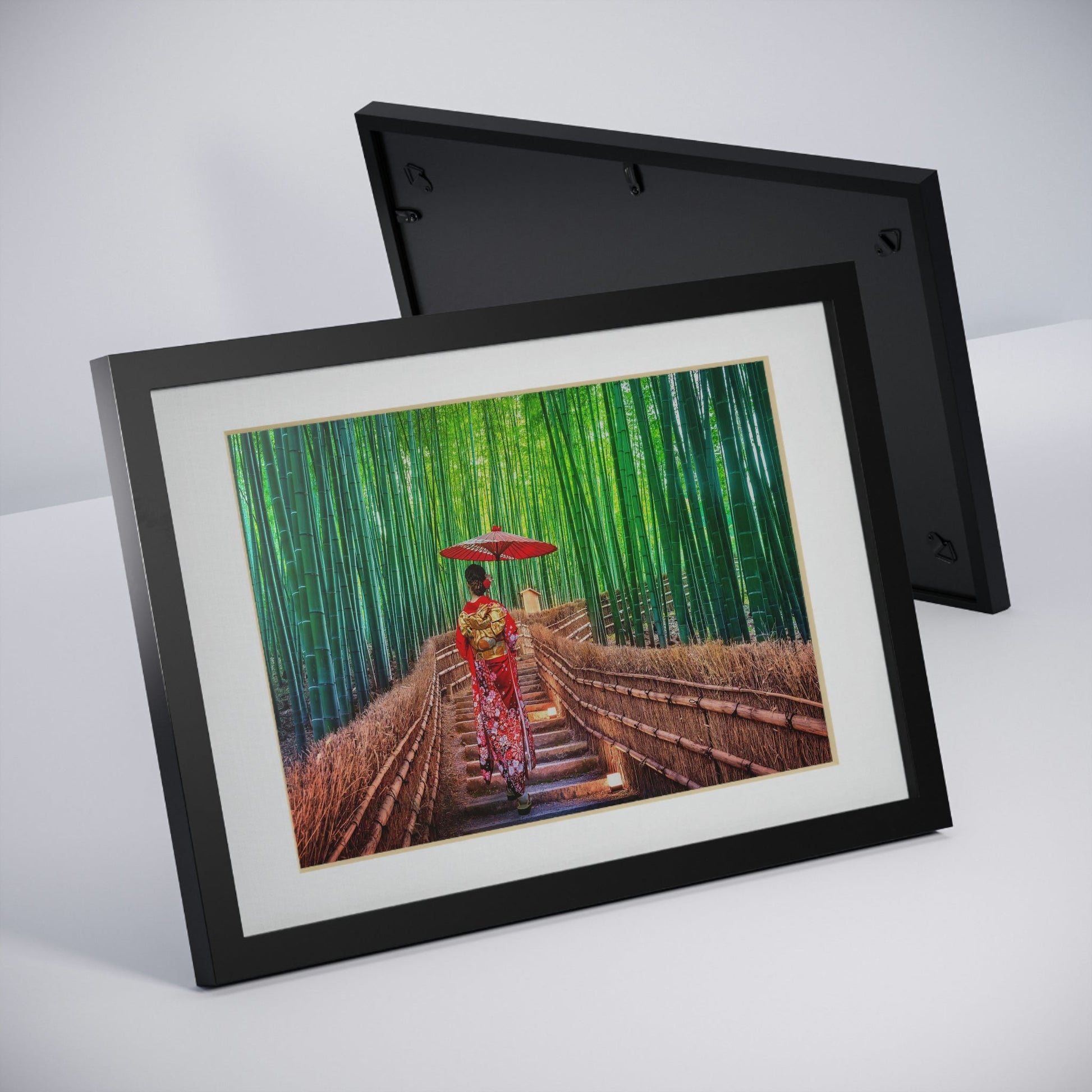 Framed Posters, Black - Woman wearing Japanese traditional kimono at Bamboo Forest in Kyoto, Japan. - Made in Australia by Prima Printing - Green Forest Home