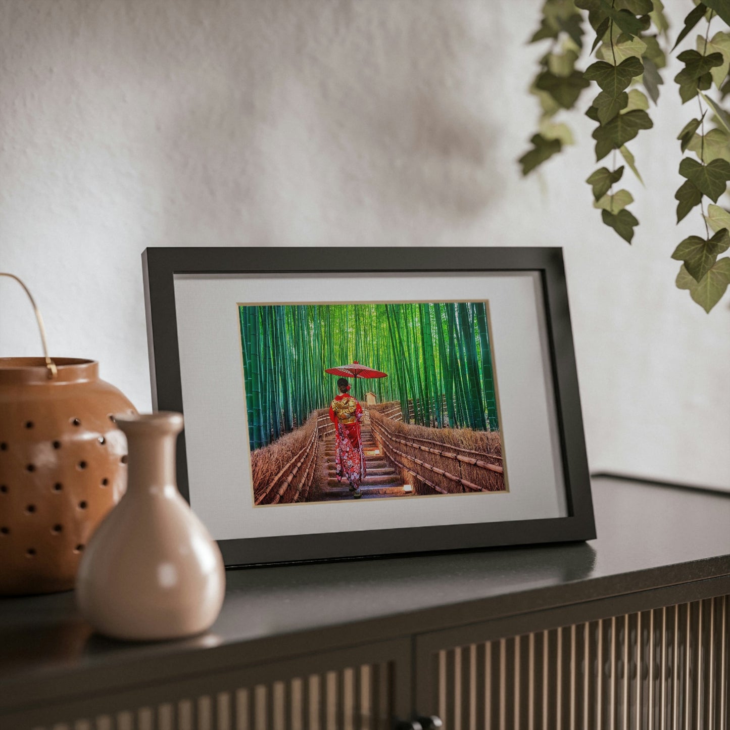 Framed Posters, Black - Woman wearing Japanese traditional kimono at Bamboo Forest in Kyoto, Japan. - Made in Australia by Prima Printing - Green Forest Home