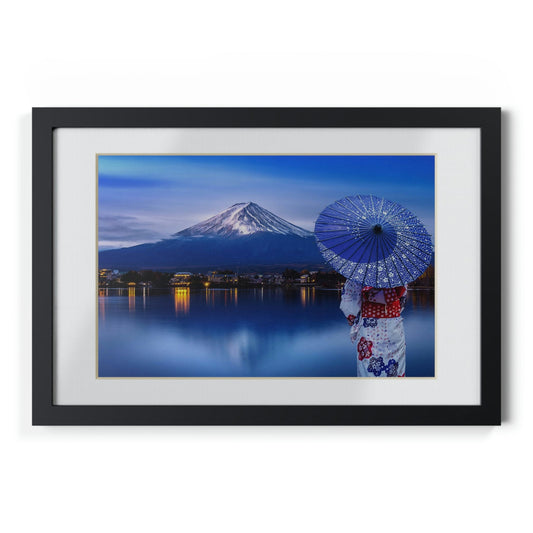 Framed Posters, Black - Woman wearing Japanese traditional kimono at Fuji mountain, Kawaguchiko lake in Japan - Made in Australia by Prima Printing - Green Forest Home