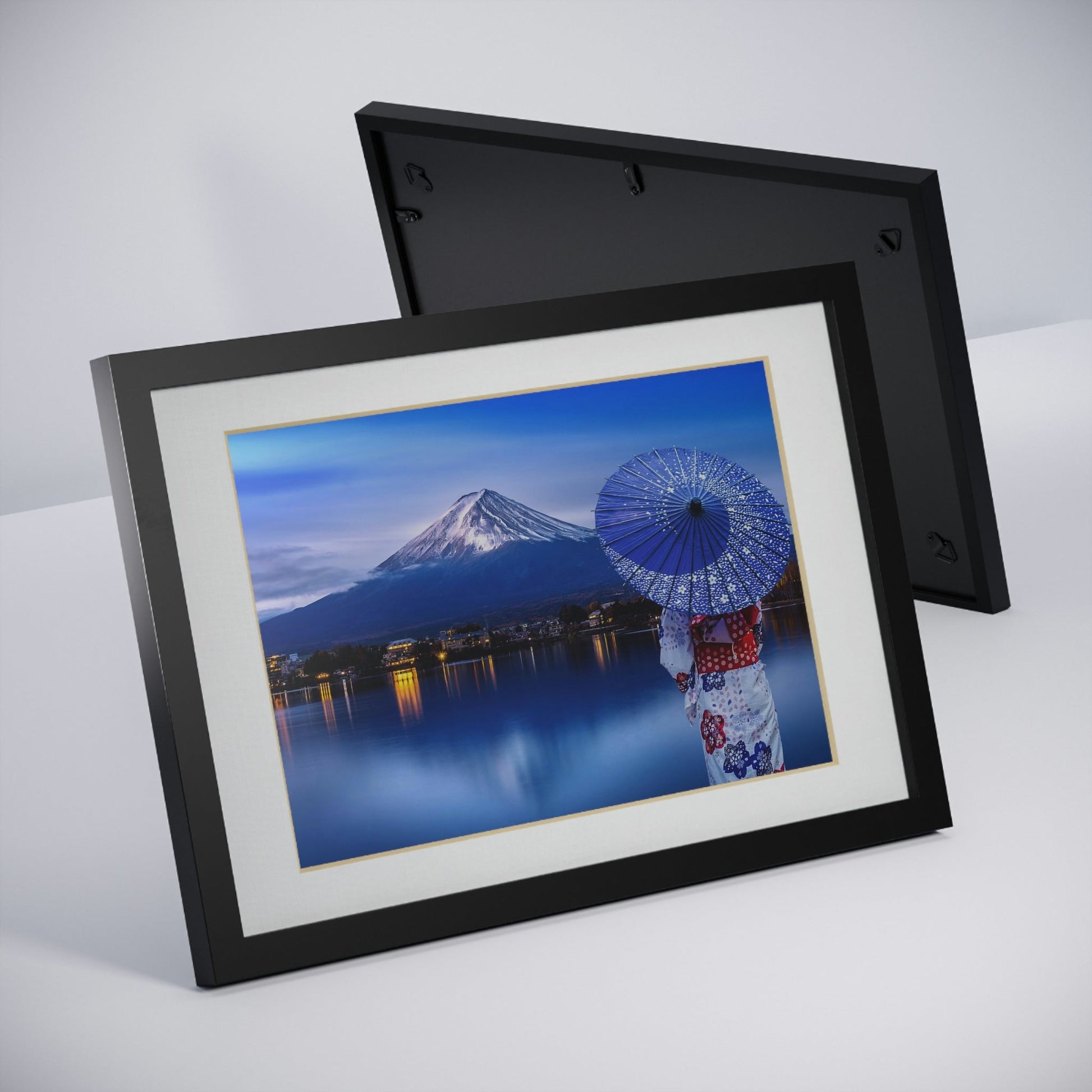 Framed Posters, Black - Woman wearing Japanese traditional kimono at Fuji mountain, Kawaguchiko lake in Japan - Made in Australia by Prima Printing - Green Forest Home