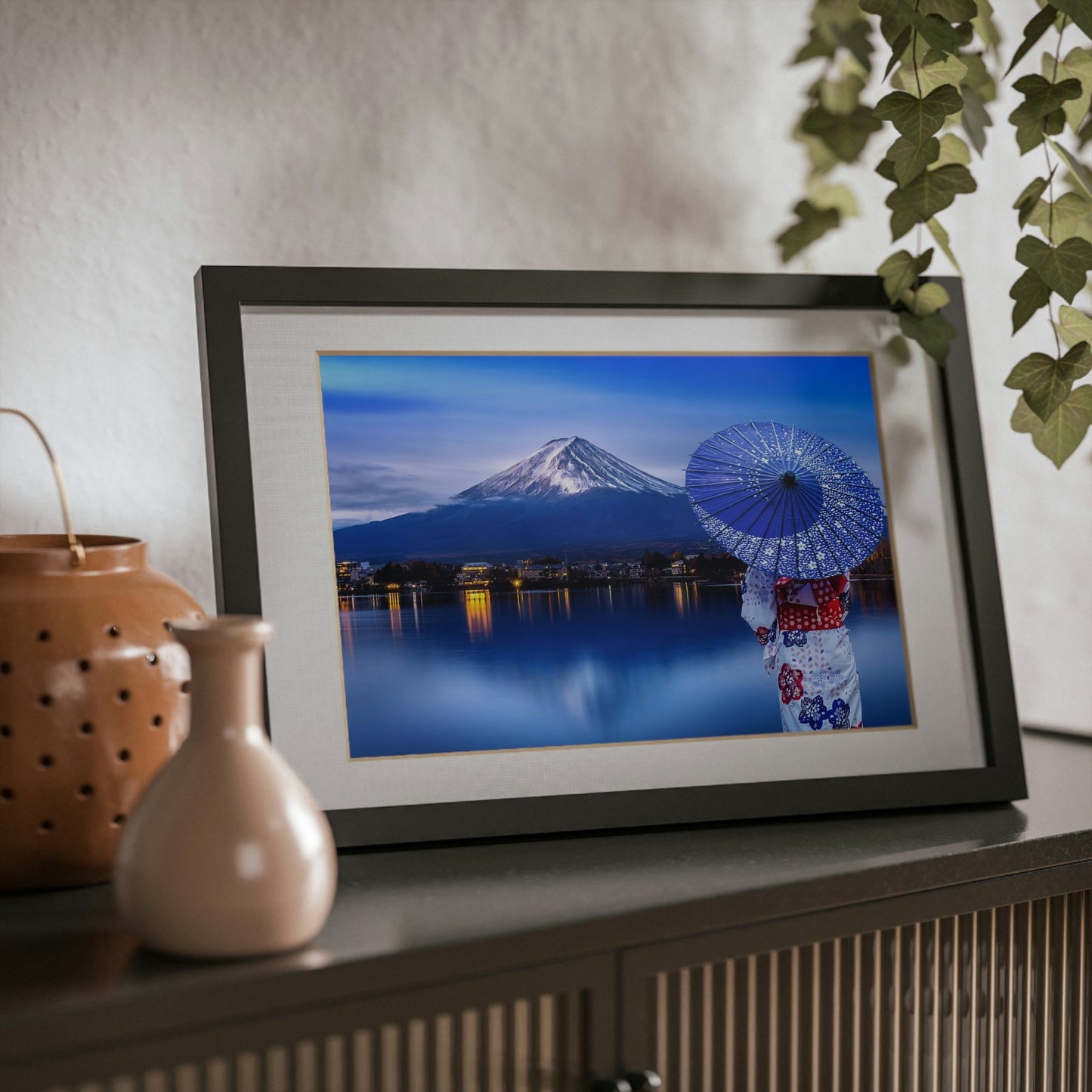 Framed Posters, Black - Woman wearing Japanese traditional kimono at Fuji mountain, Kawaguchiko lake in Japan - Made in Australia by Prima Printing - Green Forest Home