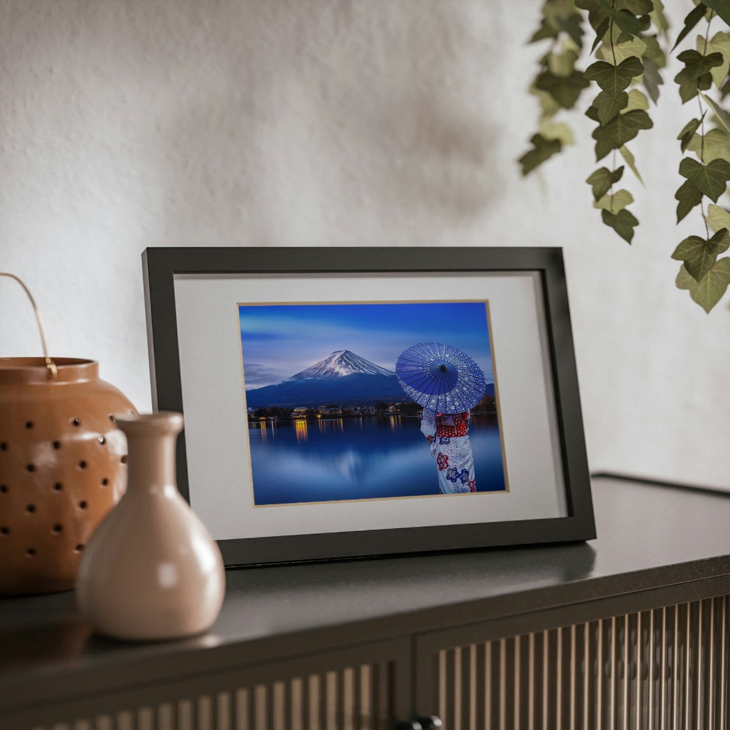 Framed Posters, Black - Woman wearing Japanese traditional kimono at Fuji mountain, Kawaguchiko lake in Japan - Made in Australia by Prima Printing - Green Forest Home