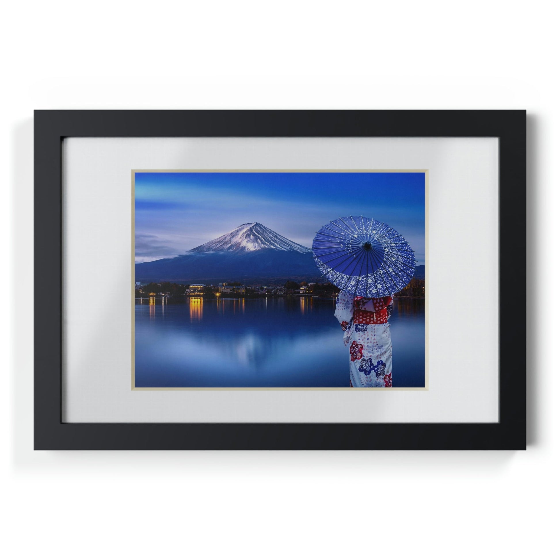 Framed Posters, Black - Woman wearing Japanese traditional kimono at Fuji mountain, Kawaguchiko lake in Japan - Made in Australia by Prima Printing - Green Forest Home