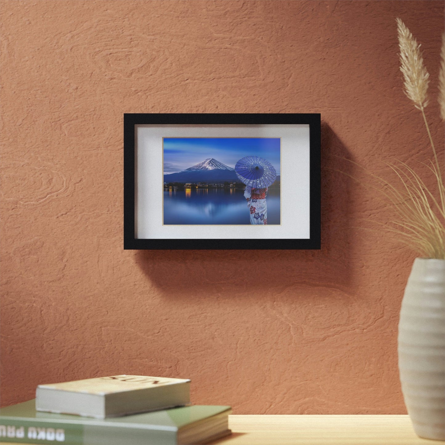 Framed Posters, Black - Woman wearing Japanese traditional kimono at Fuji mountain, Kawaguchiko lake in Japan - Made in Australia by Prima Printing - Green Forest Home