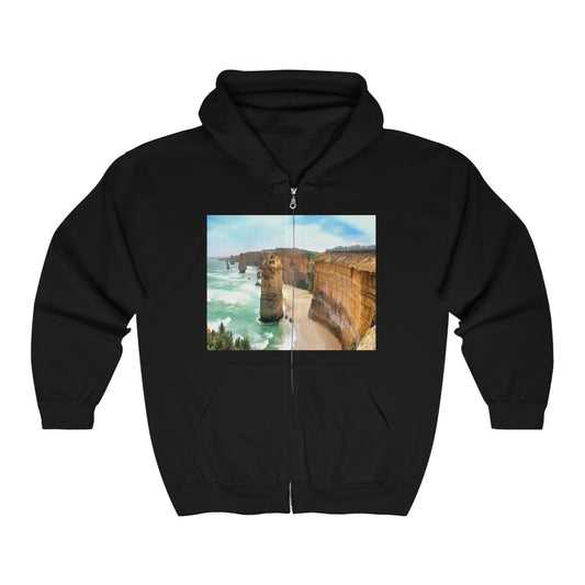 GLIDAN AU Print - UNISEX Heavy Blend™ Full Zip Hooded Sweatshirt - The Twelve Apostles on the Great Ocean Road and Temperate forest in Victoria, Australia - Printed in AU by The Print Bar - Green Forest Home