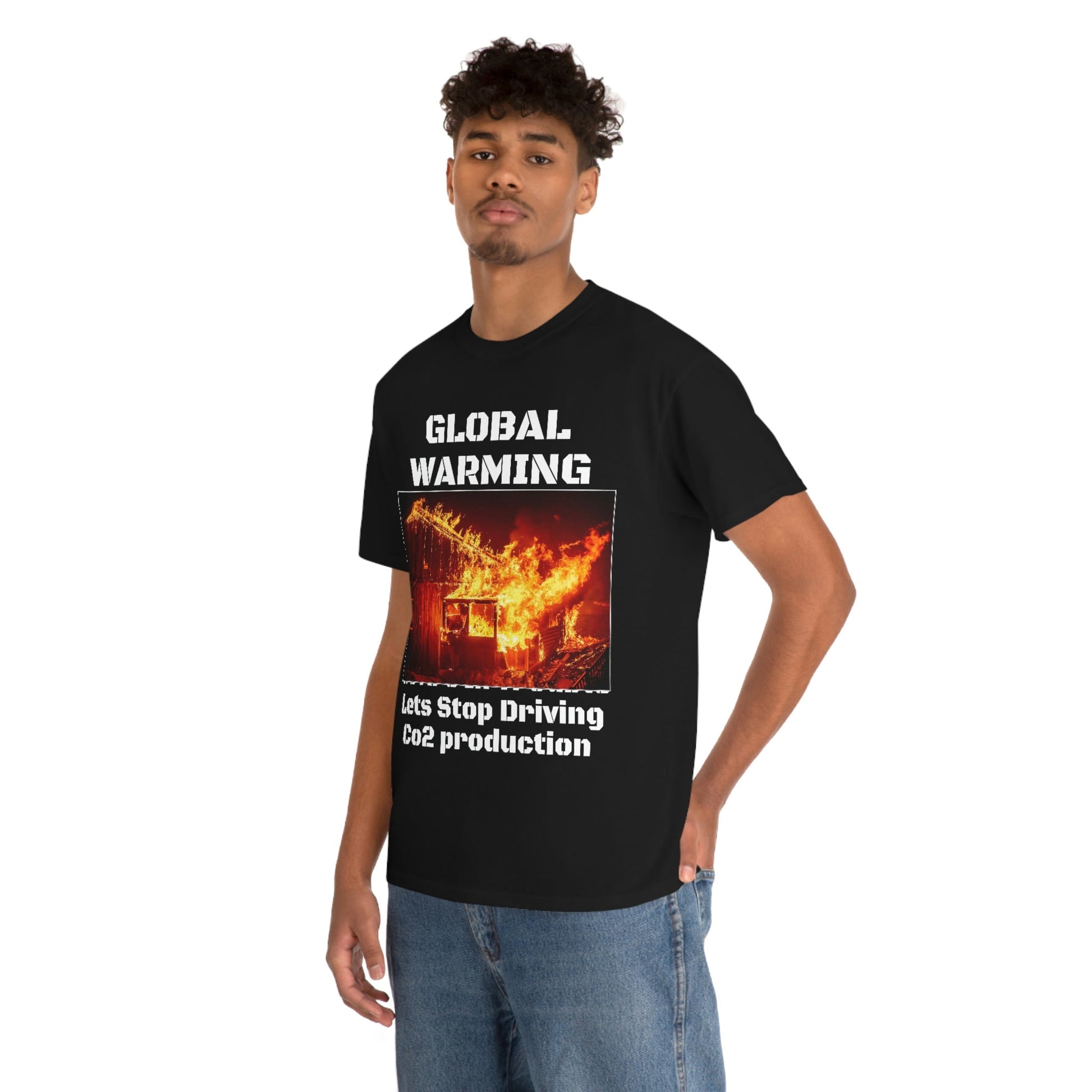 Global Warming - Unisex Heavy Cotton Tee - Quality Gildan 5000 - With Keeling CO2 Chart and Images of Weather Extremes - Lets Stop Driving - Green Forest Home