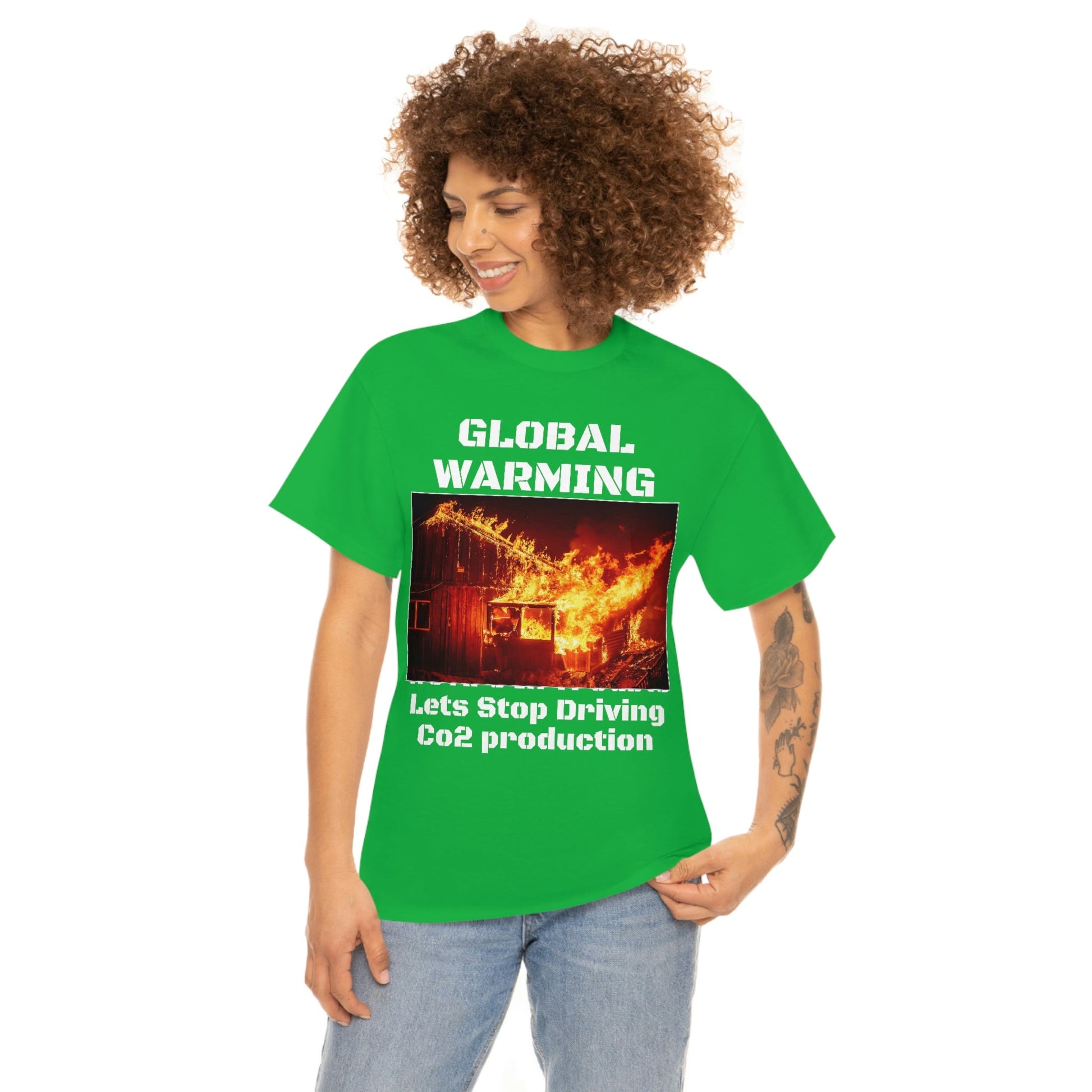 Global Warming - Unisex Heavy Cotton Tee - Quality Gildan 5000 - With Keeling CO2 Chart and Images of Weather Extremes - Lets Stop Driving - Green Forest Home