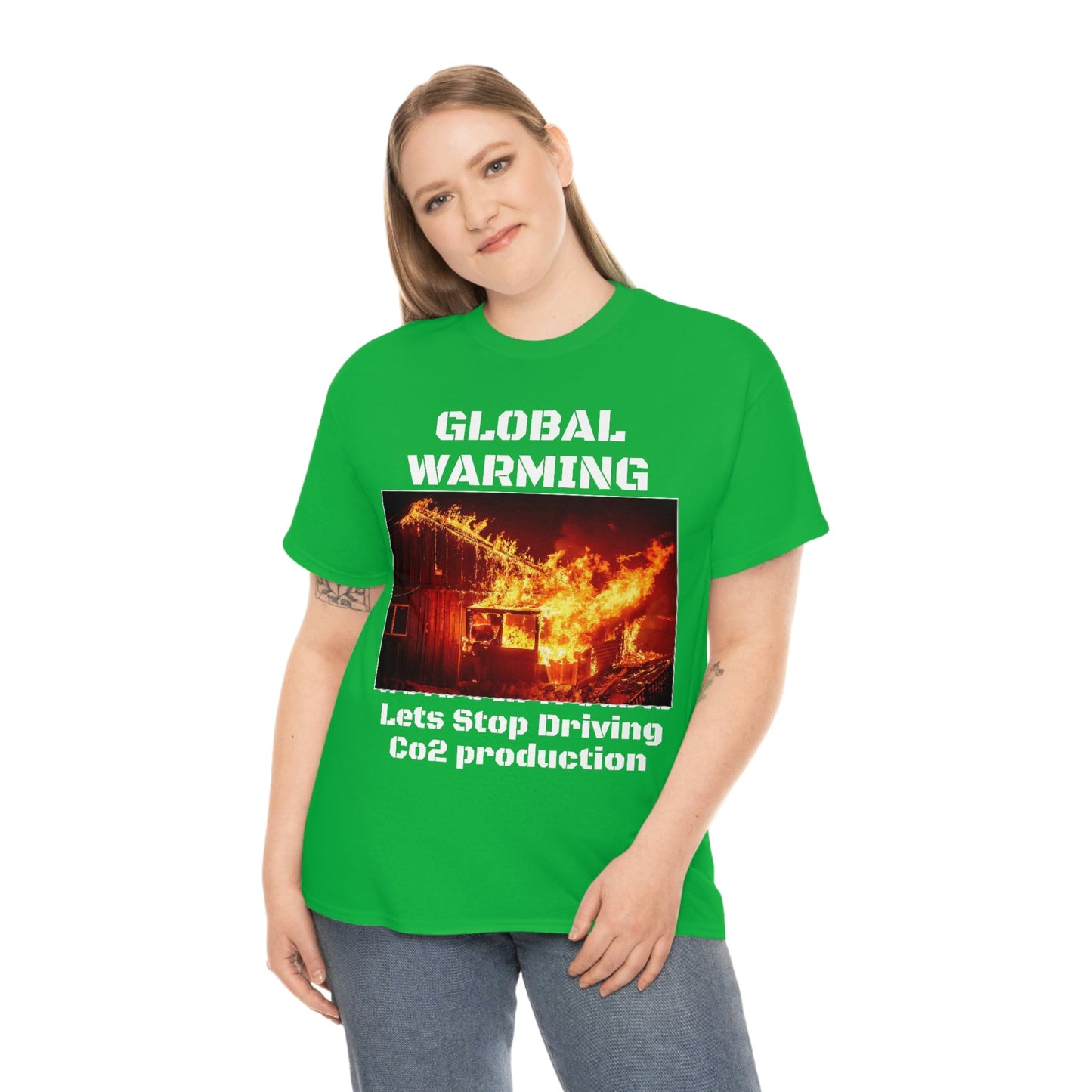 Global Warming - Unisex Heavy Cotton Tee - Quality Gildan 5000 - With Keeling CO2 Chart and Images of Weather Extremes - Lets Stop Driving - Green Forest Home