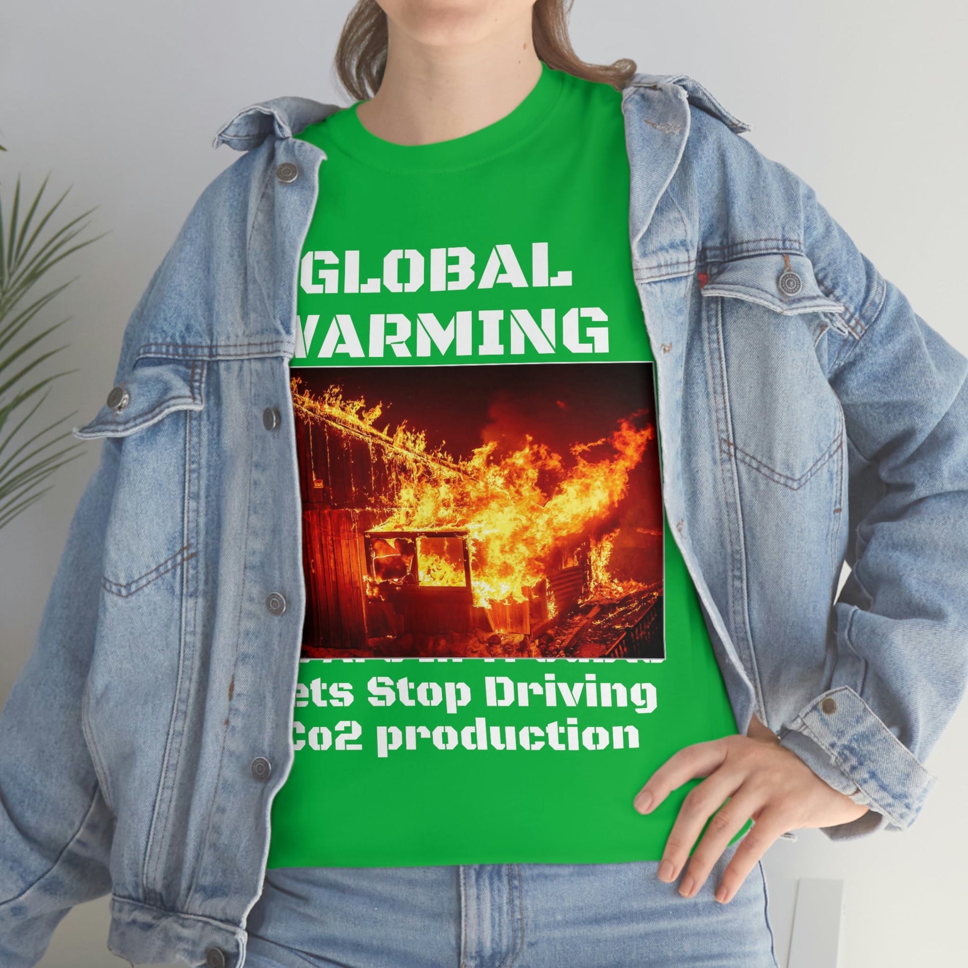 Global Warming - Unisex Heavy Cotton Tee - Quality Gildan 5000 - With Keeling CO2 Chart and Images of Weather Extremes - Lets Stop Driving - Green Forest Home