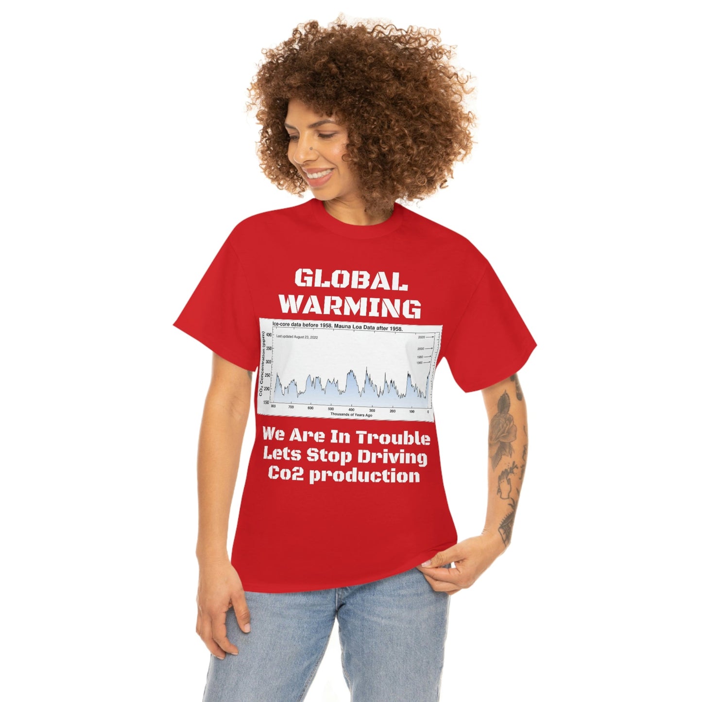 Global Warming - Unisex Heavy Cotton Tee - Quality Gildan 5000 - With Keeling CO2 Chart and Images of Weather Extremes - Lets Stop Driving - Green Forest Home