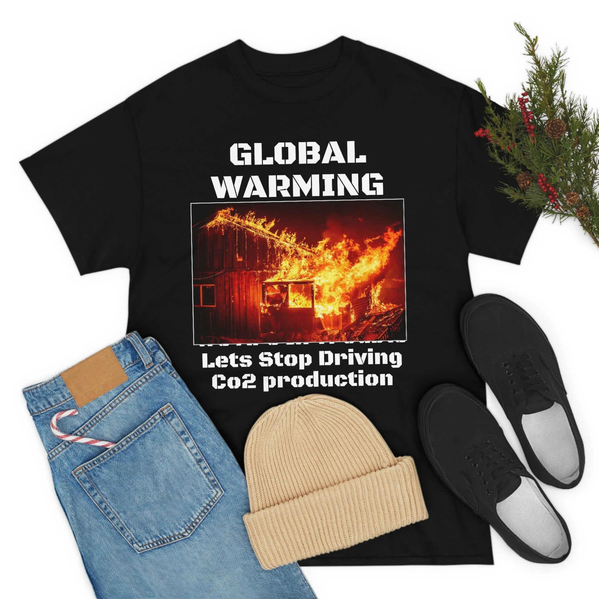 Global Warming - Unisex Heavy Cotton Tee - Quality Gildan 5000 - With Keeling CO2 Chart and Images of Weather Extremes - Lets Stop Driving - Green Forest Home