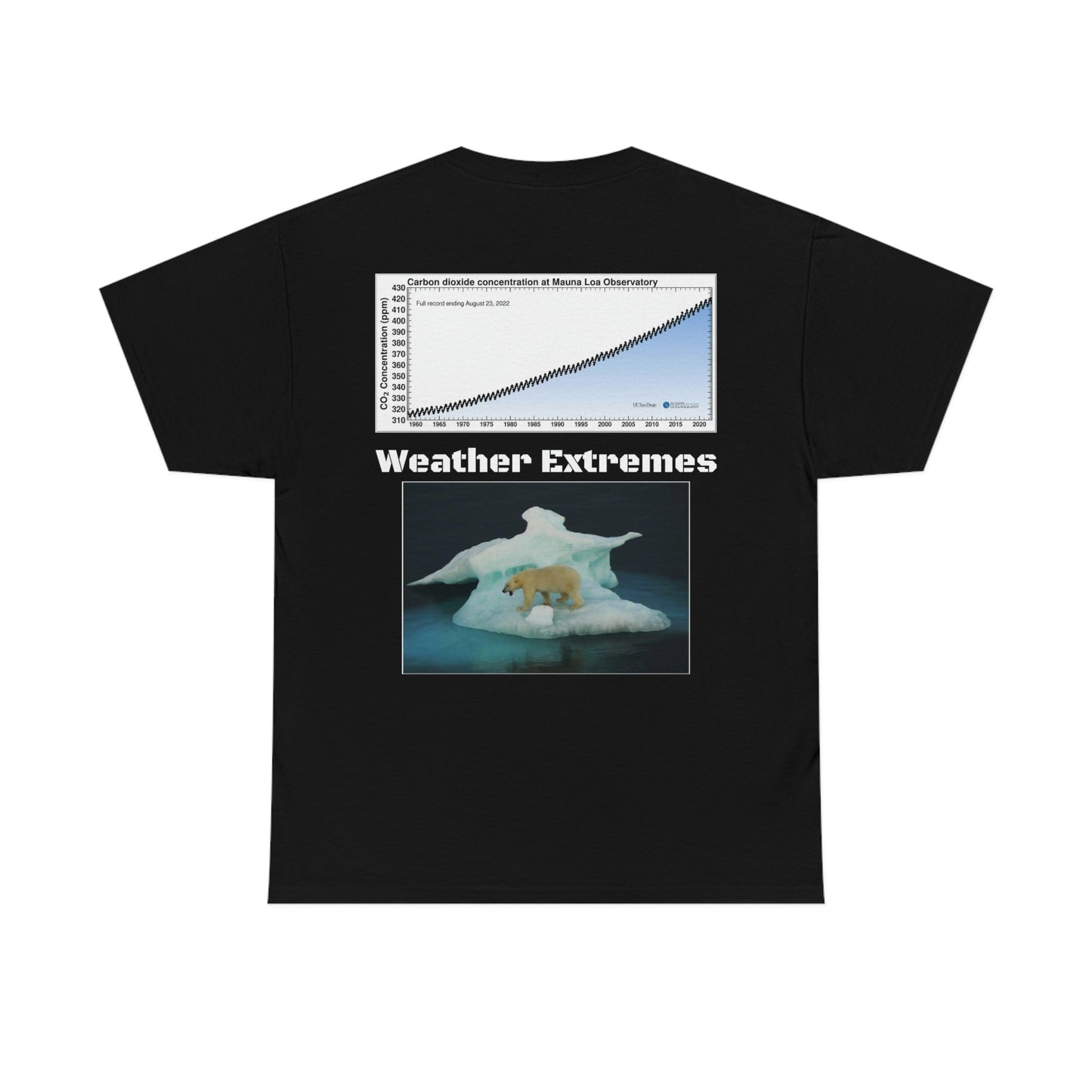 Global Warming - Unisex Heavy Cotton Tee - Quality Gildan 5000 - With Keeling CO2 Chart and Images of Weather Extremes - Lets Stop Driving - Green Forest Home