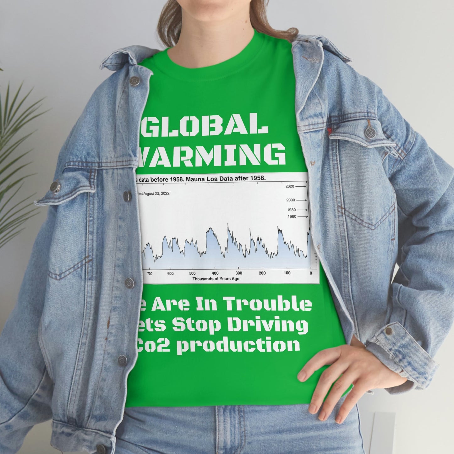 Global Warming - Unisex Heavy Cotton Tee - Quality Gildan 5000 - With Keeling CO2 Chart and Images of Weather Extremes - Lets Stop Driving - Green Forest Home