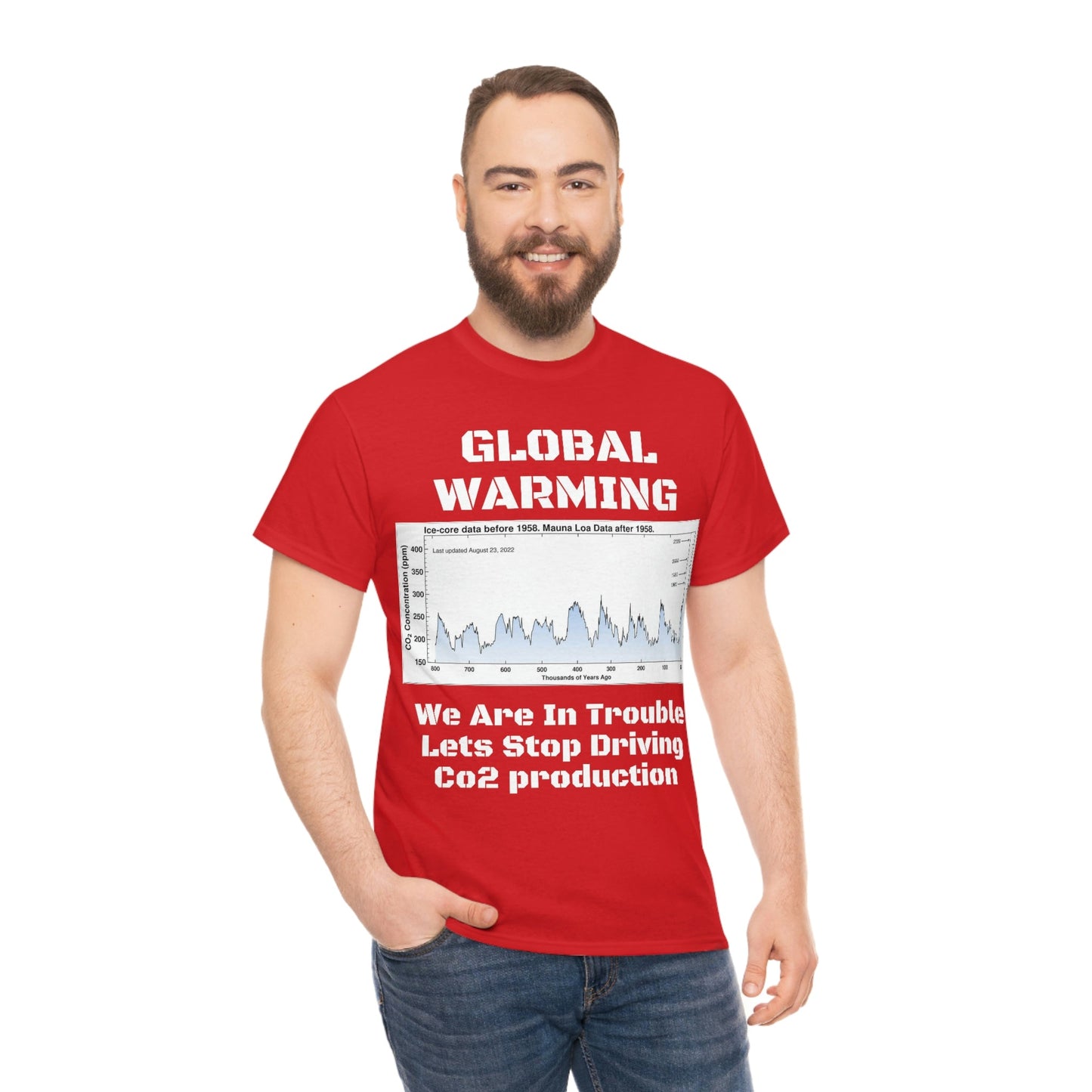 Global Warming - Unisex Heavy Cotton Tee - Quality Gildan 5000 - With Keeling CO2 Chart and Images of Weather Extremes - Lets Stop Driving - Green Forest Home