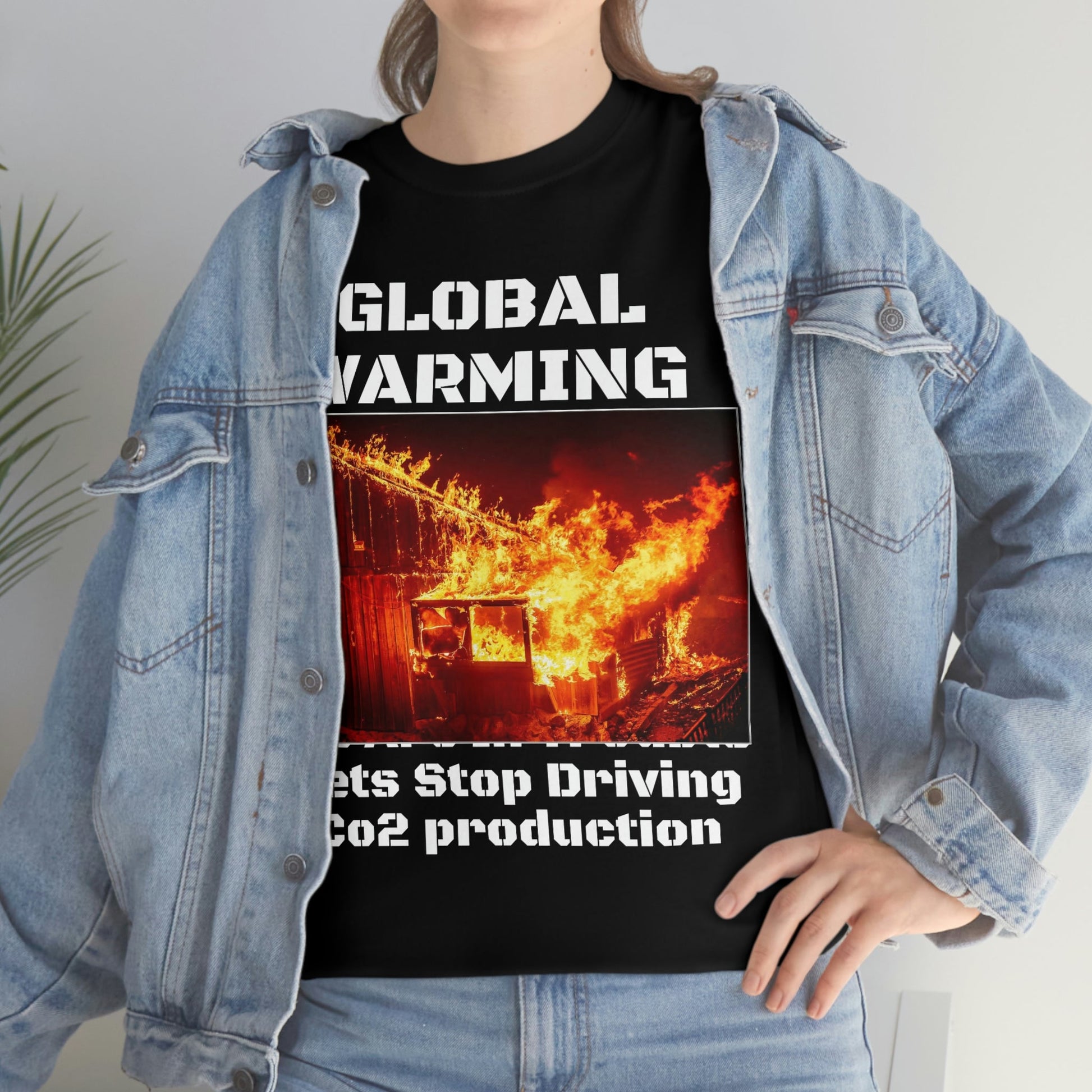 Global Warming - Unisex Heavy Cotton Tee - Quality Gildan 5000 - With Keeling CO2 Chart and Images of Weather Extremes - Lets Stop Driving - Green Forest Home