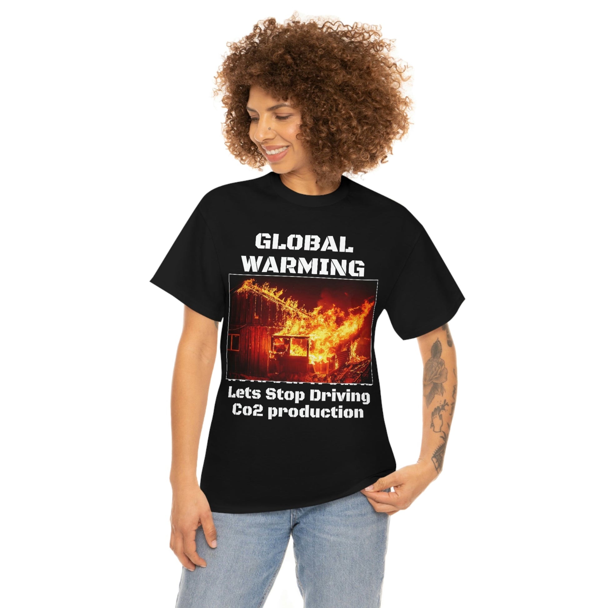 Global Warming - Unisex Heavy Cotton Tee - Quality Gildan 5000 - With Keeling CO2 Chart and Images of Weather Extremes - Lets Stop Driving - Green Forest Home