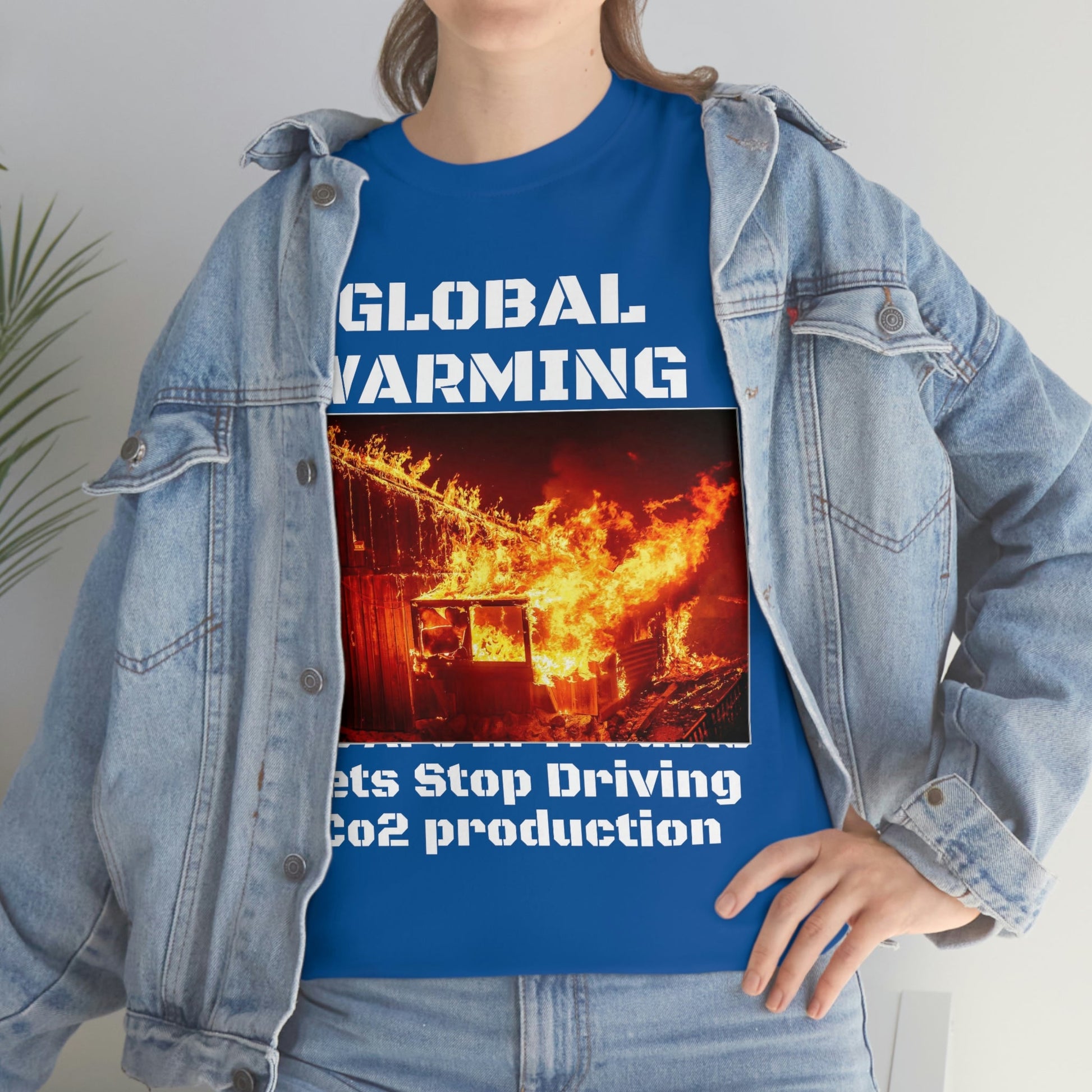 Global Warming - Unisex Heavy Cotton Tee - Quality Gildan 5000 - With Keeling CO2 Chart and Images of Weather Extremes - Lets Stop Driving - Green Forest Home